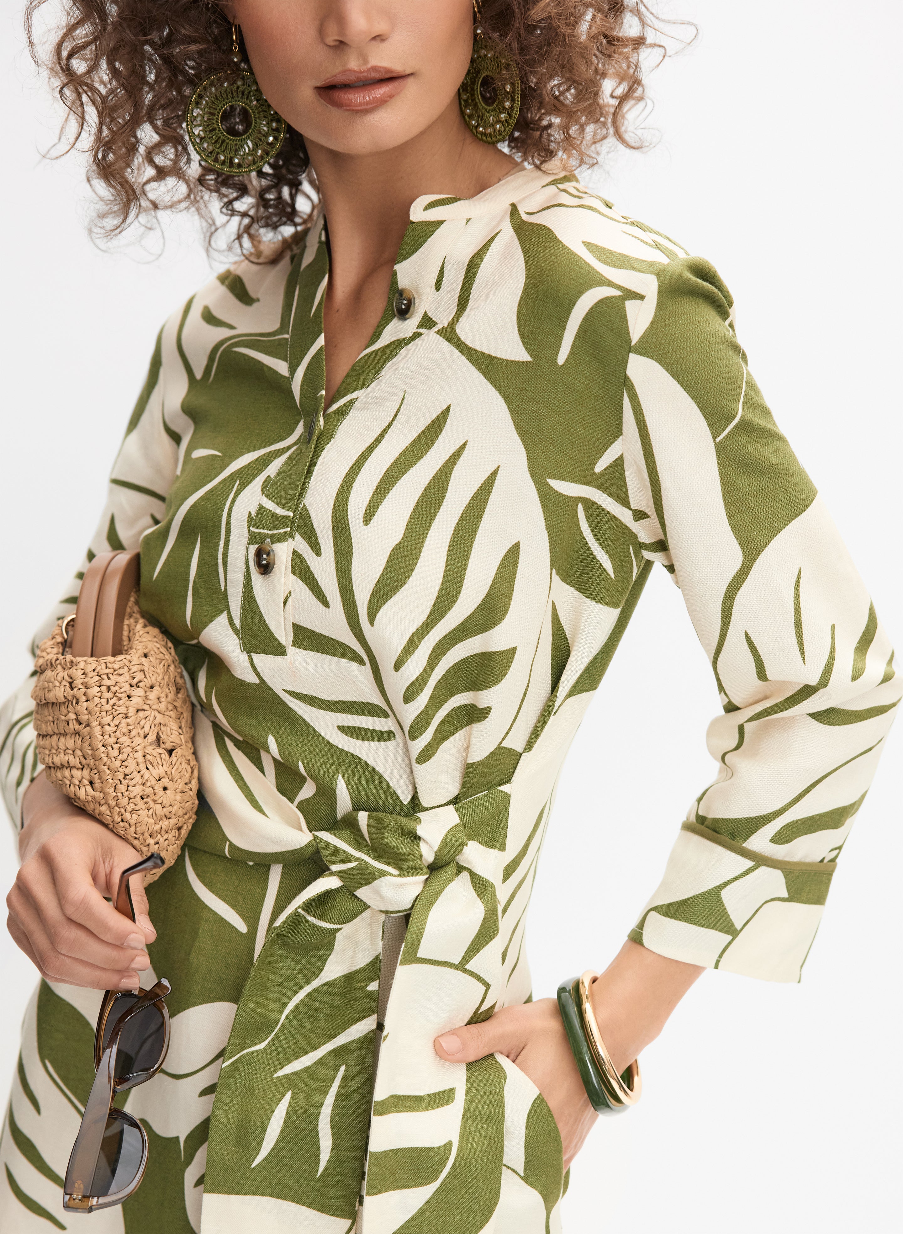 Leaf Linen-Blend Dress Green Pattern Details 1