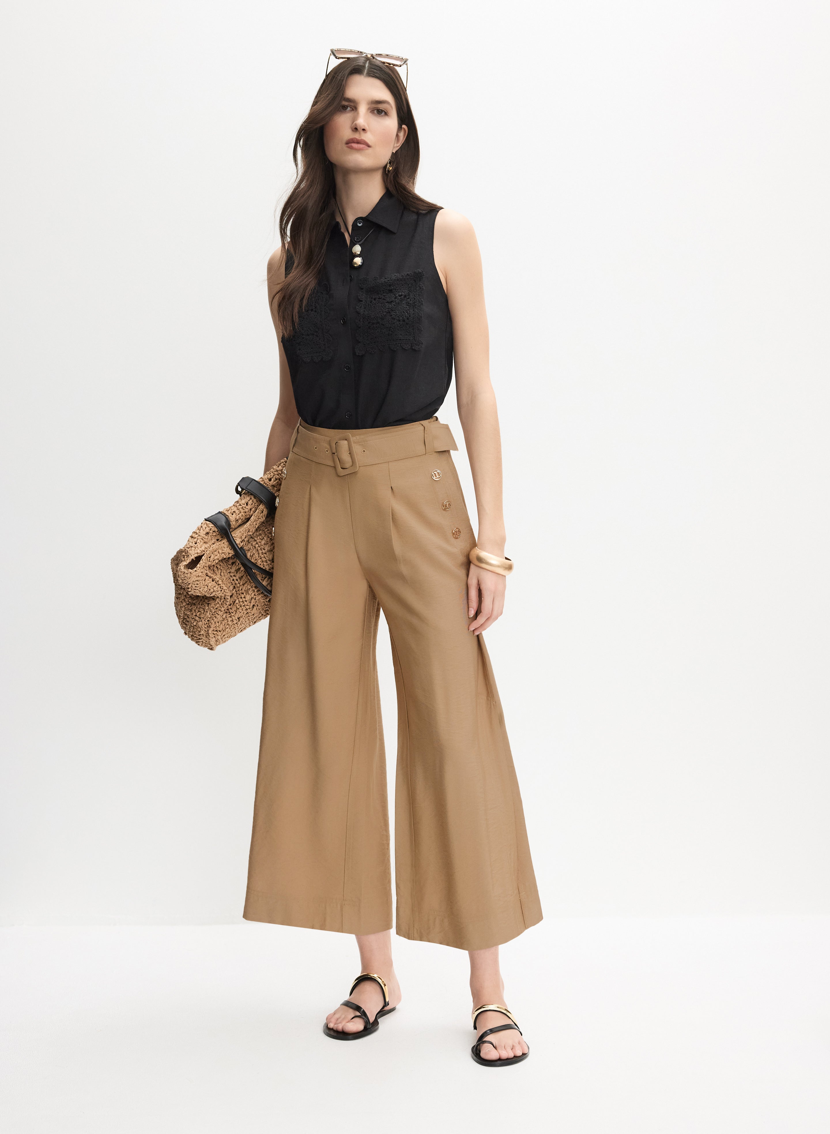 Linen-Blend Culotte Pants Dark Camel Head to Toe