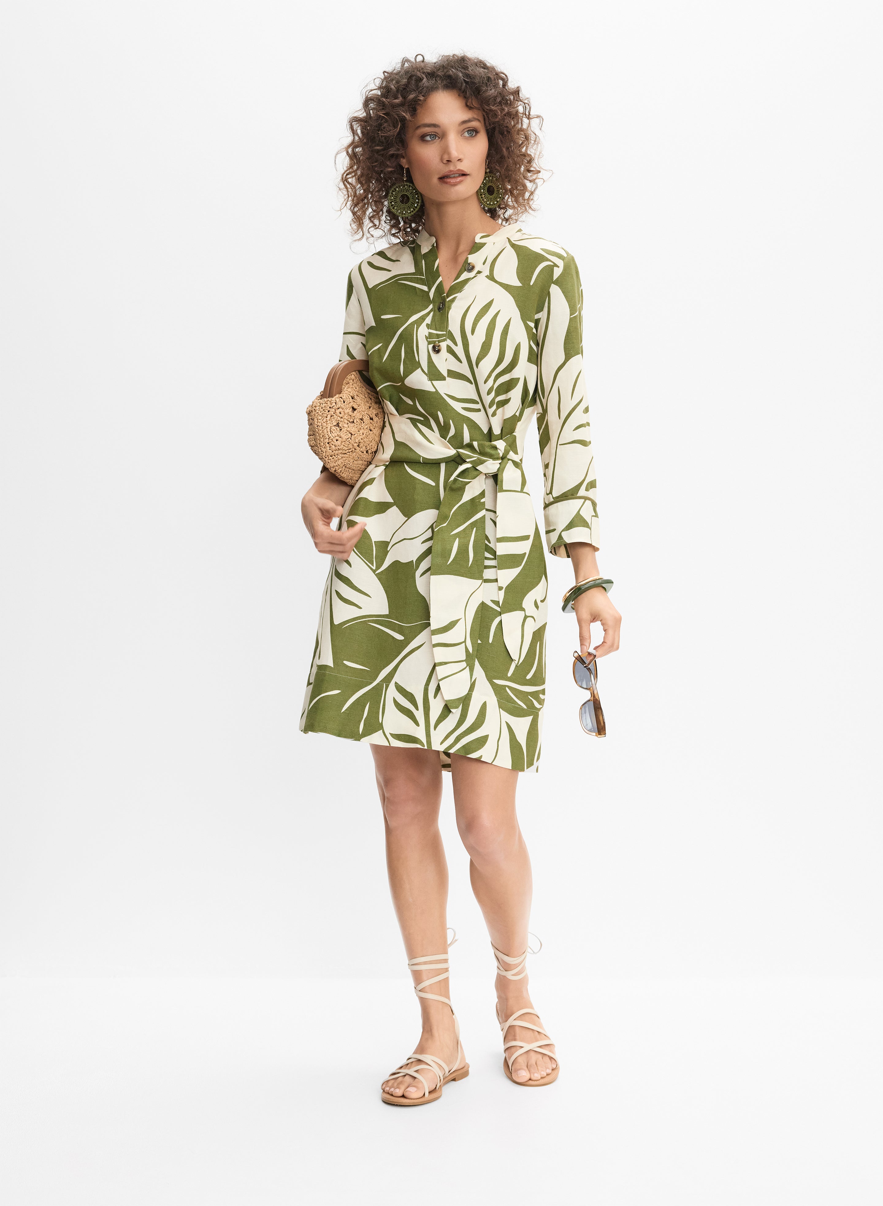 Leaf Linen-Blend Dress Green Pattern Front 1