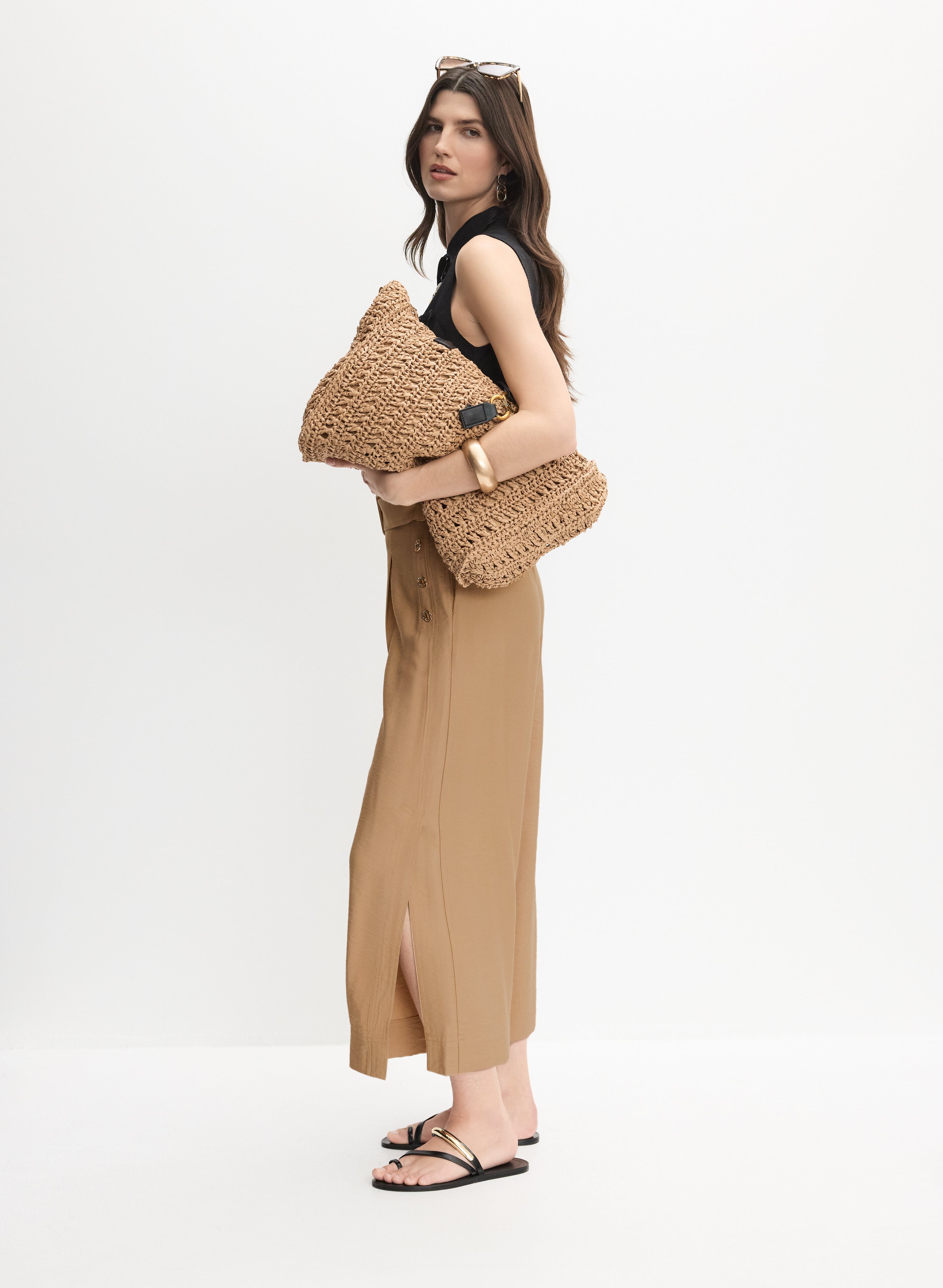 Linen-Blend Culotte Pants Dark Camel Side 1
