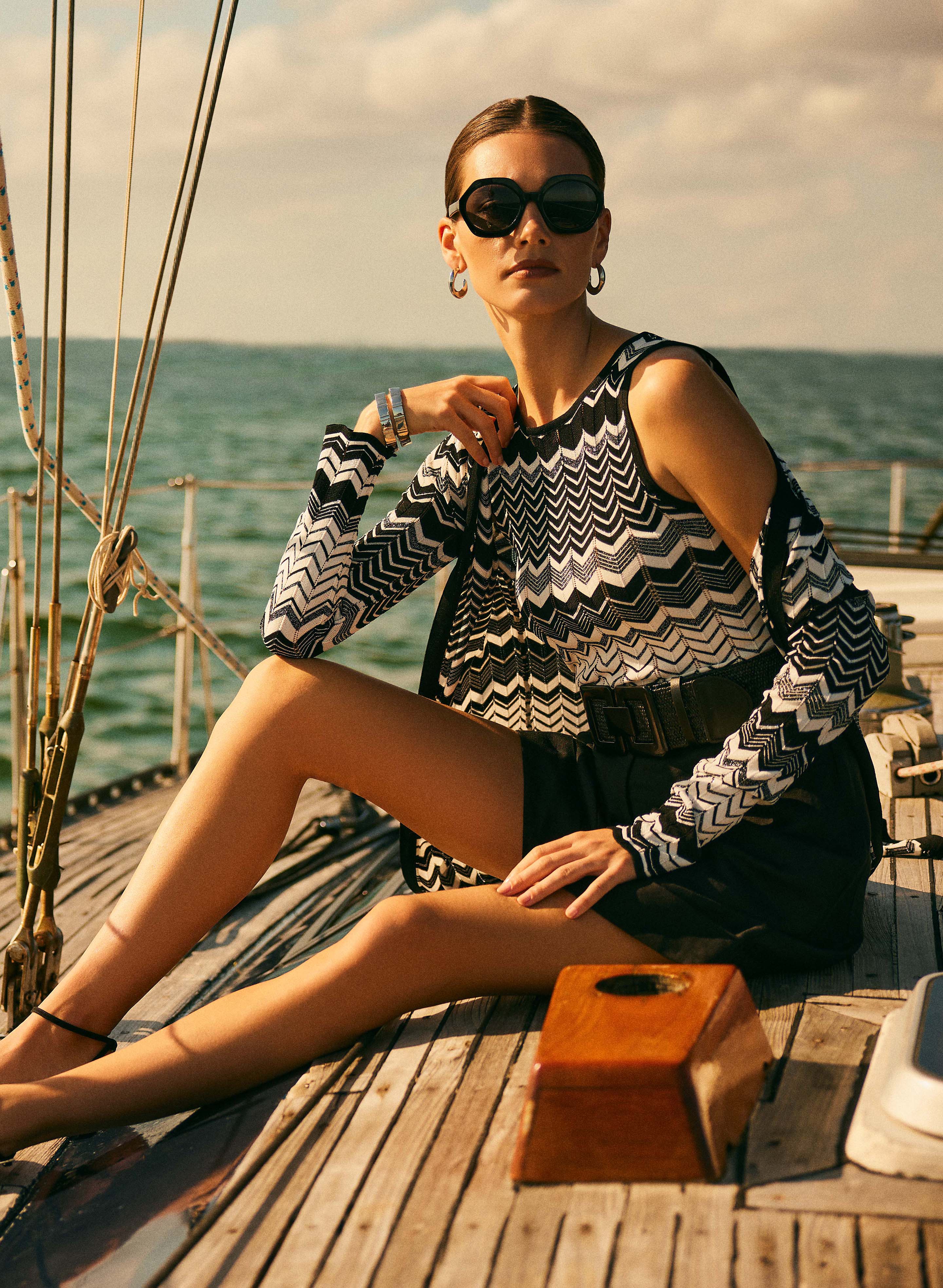 Zigzag Knit Duster Cardigan White Pattern Campaign 1