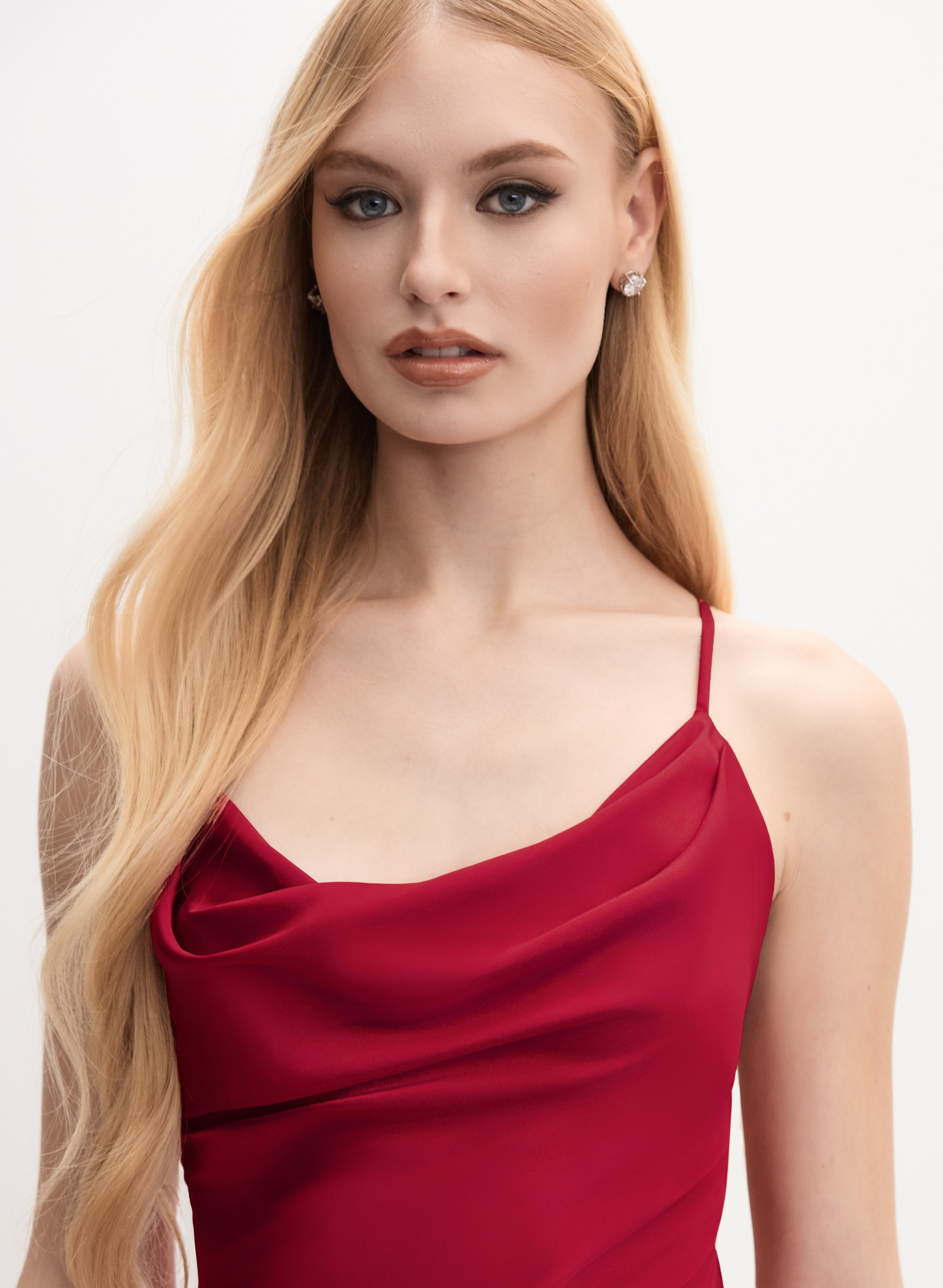 Cowl Neck Satin Slip Dress Red Details 1