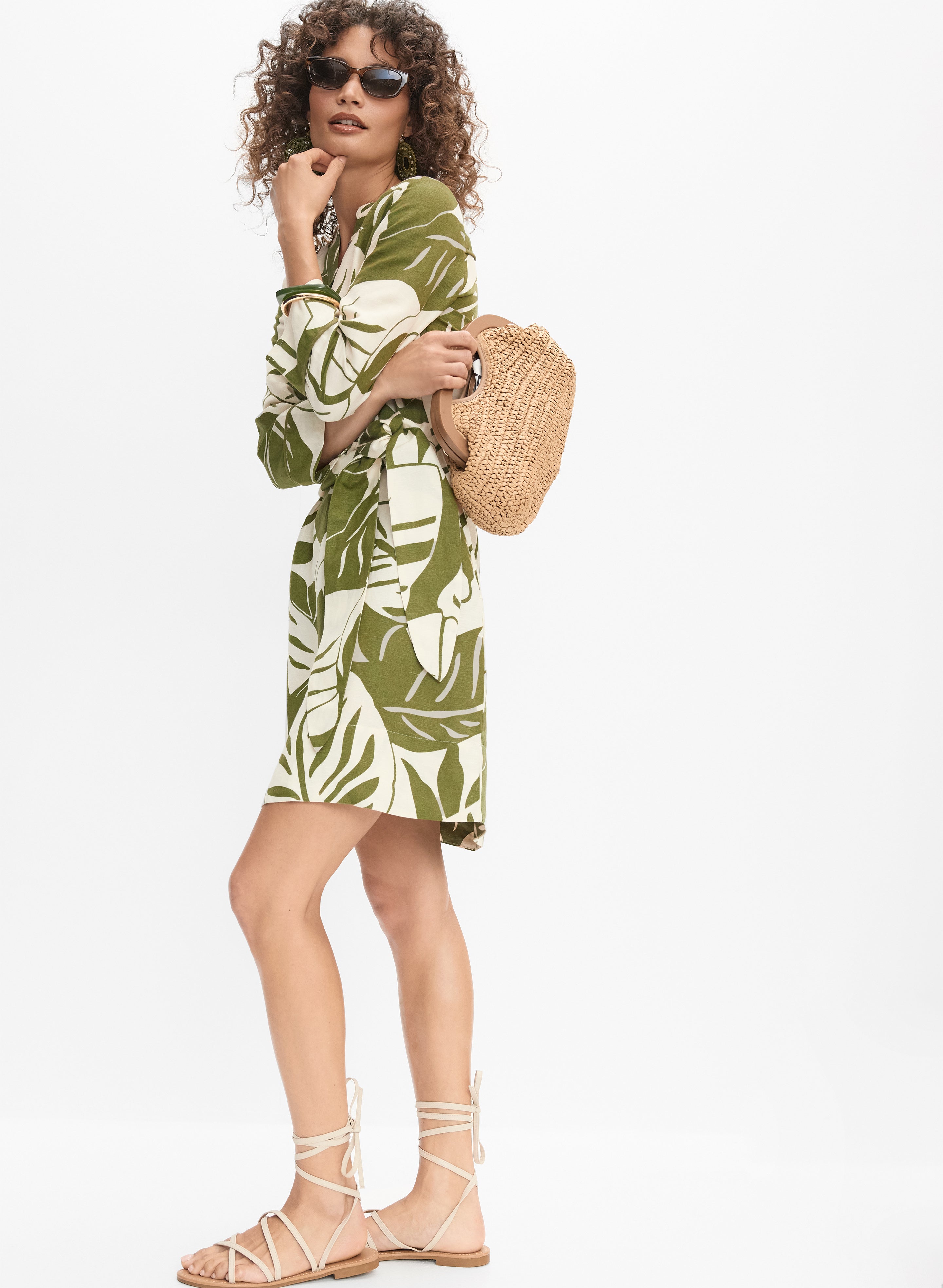 Leaf Linen-Blend Dress Green Pattern Side 1