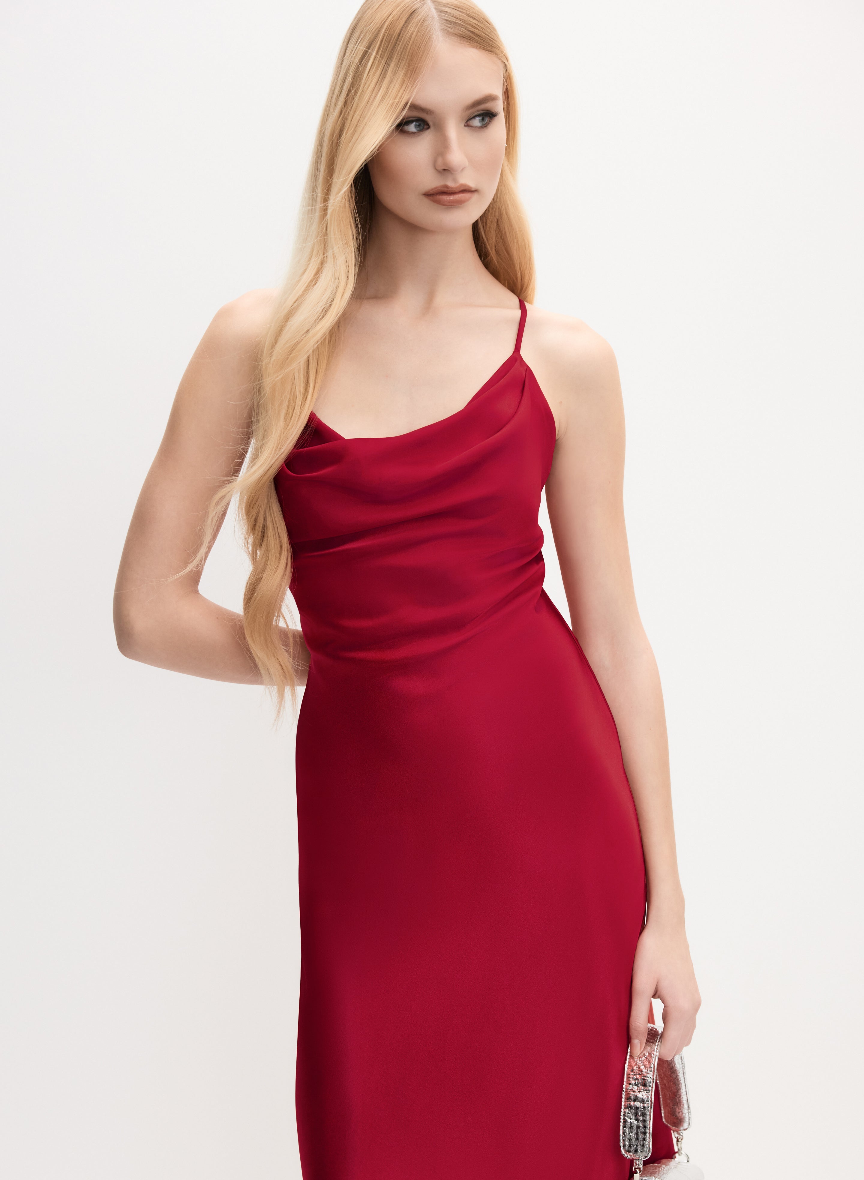 Cowl Neck Satin Slip Dress Red Head to Toe