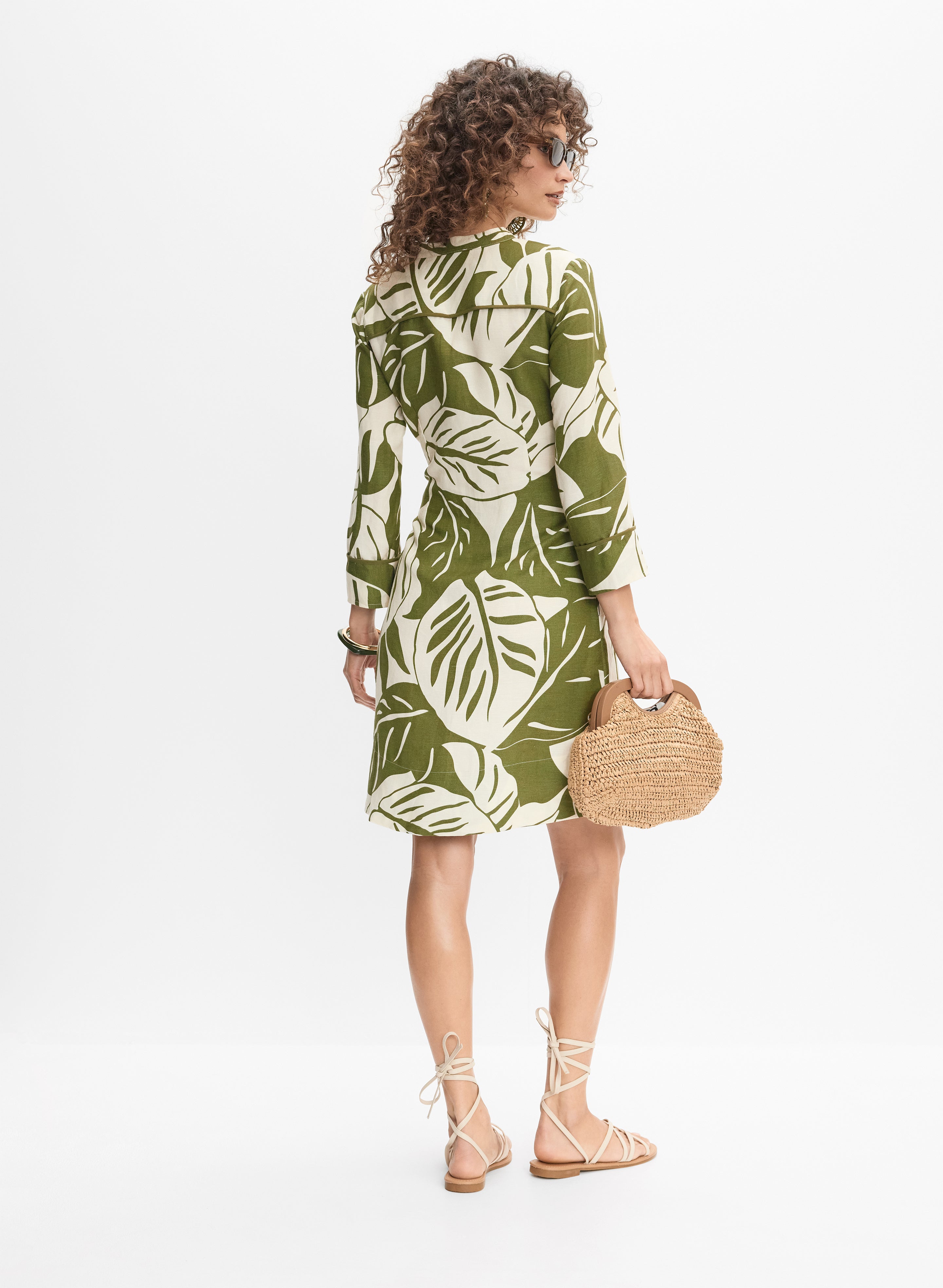 Leaf Linen-Blend Dress Green Pattern Back 1