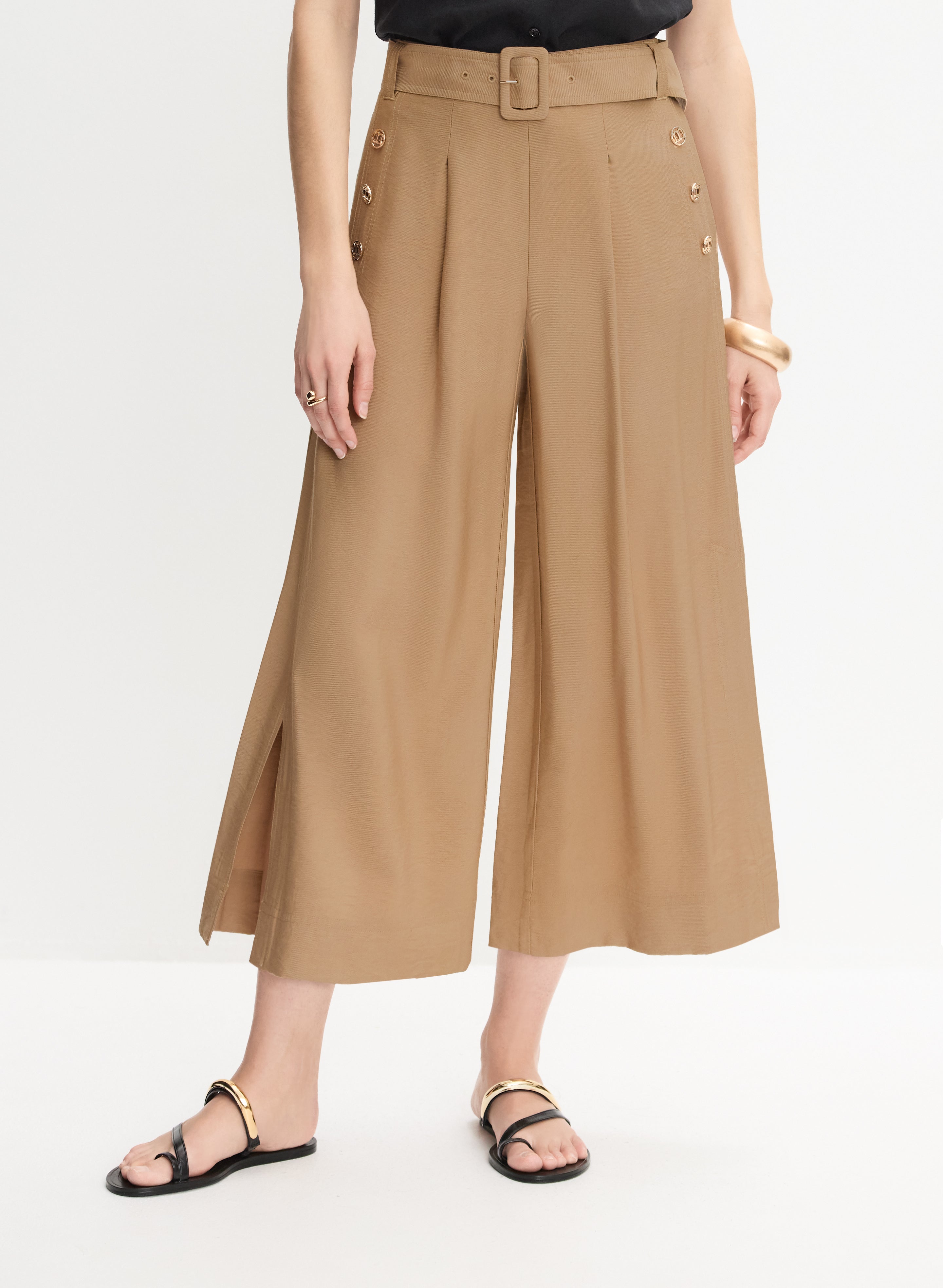 Linen-Blend Culotte Pants Dark Camel Front 1
