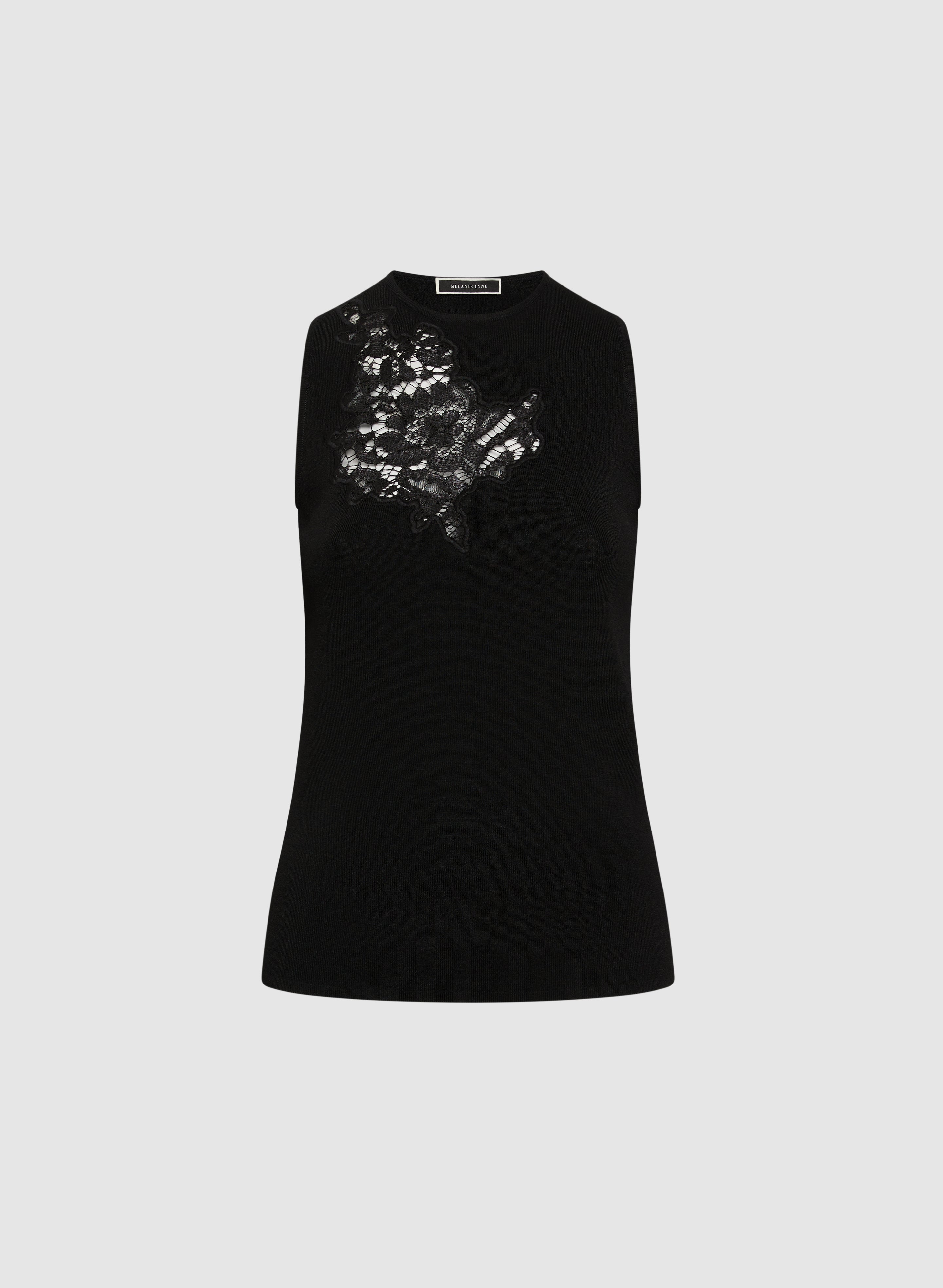 Lace Insert Knit Tank Top Black Flat Main