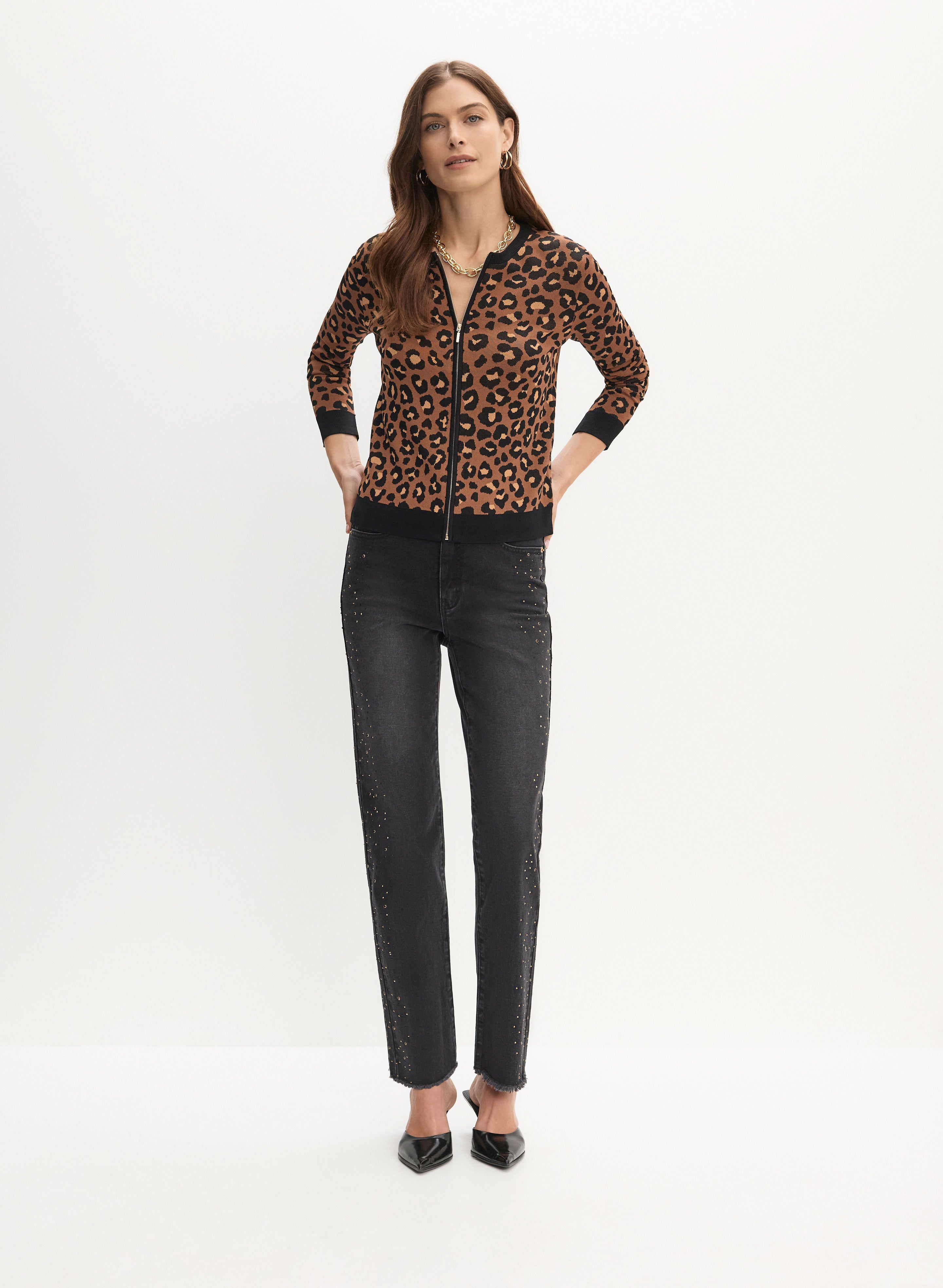 新品　Cardigan Jacket Animal Print Zip Front Leopard Print Cardigan
