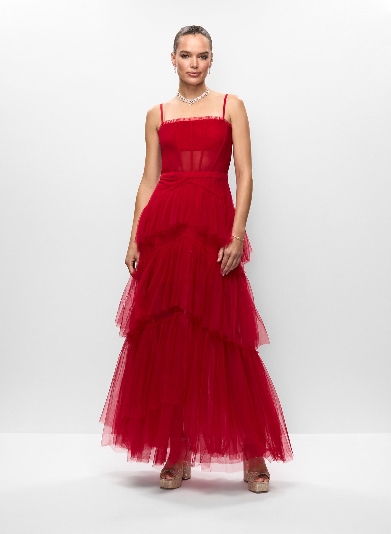 Structured Corset Bodice Gown with Sheer Mesh Panels Taupe