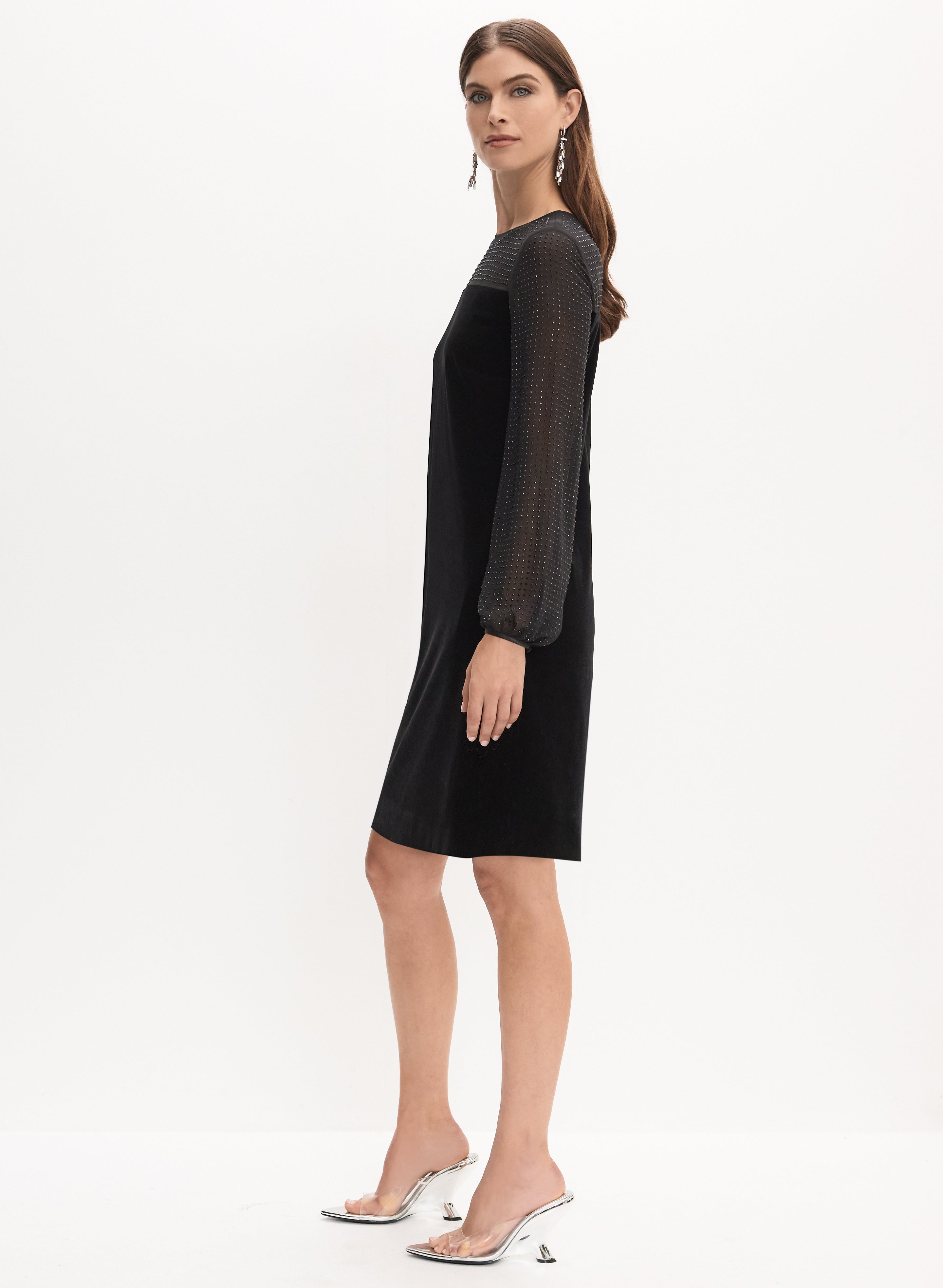 Velvet A-Line Dress with Lace Trim