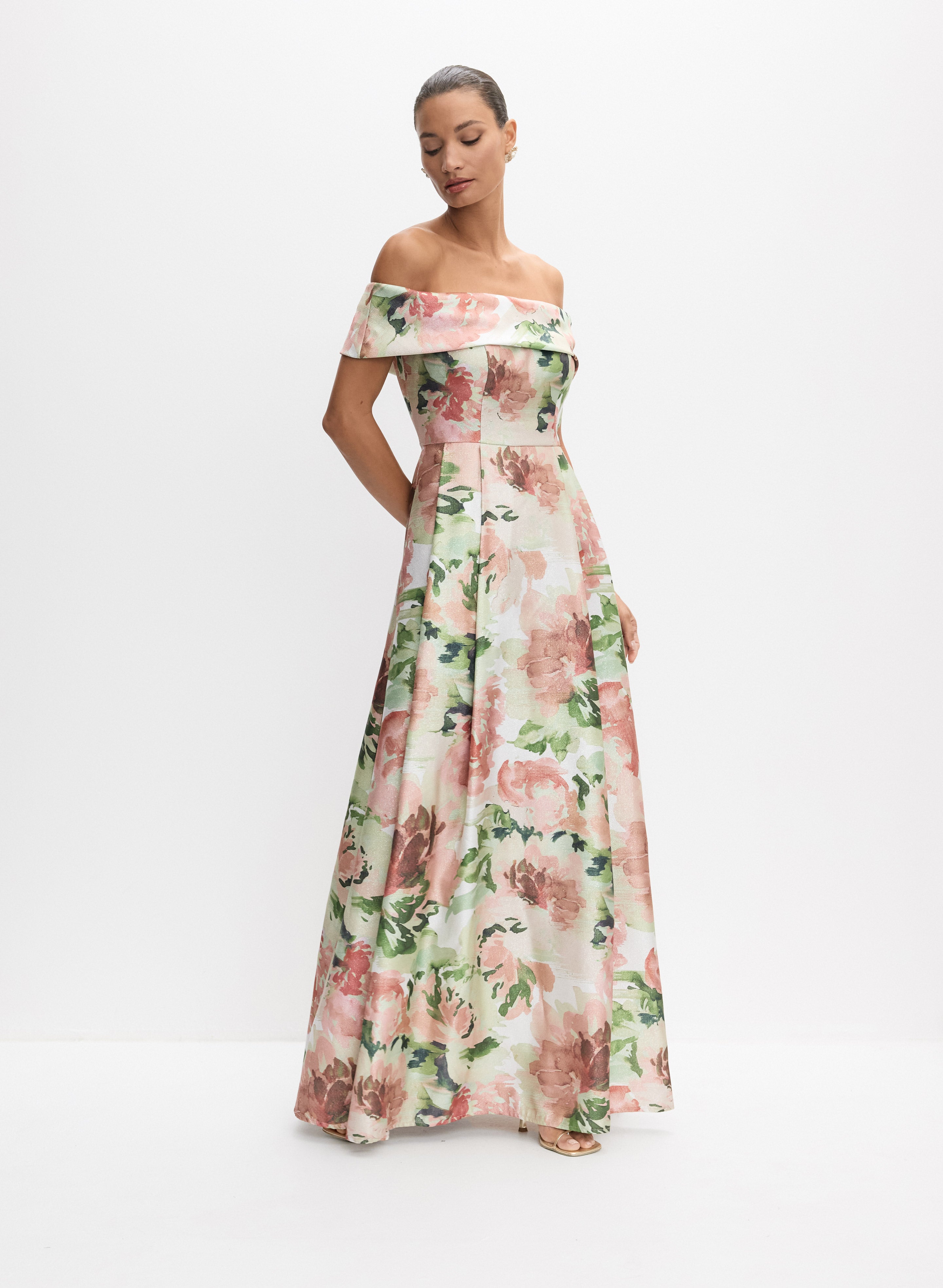 maxi alex evenings dresses Alex Evenings Long Embroidered Empire Waist Dress with Scallop Detail V-Neckline SEA / 6