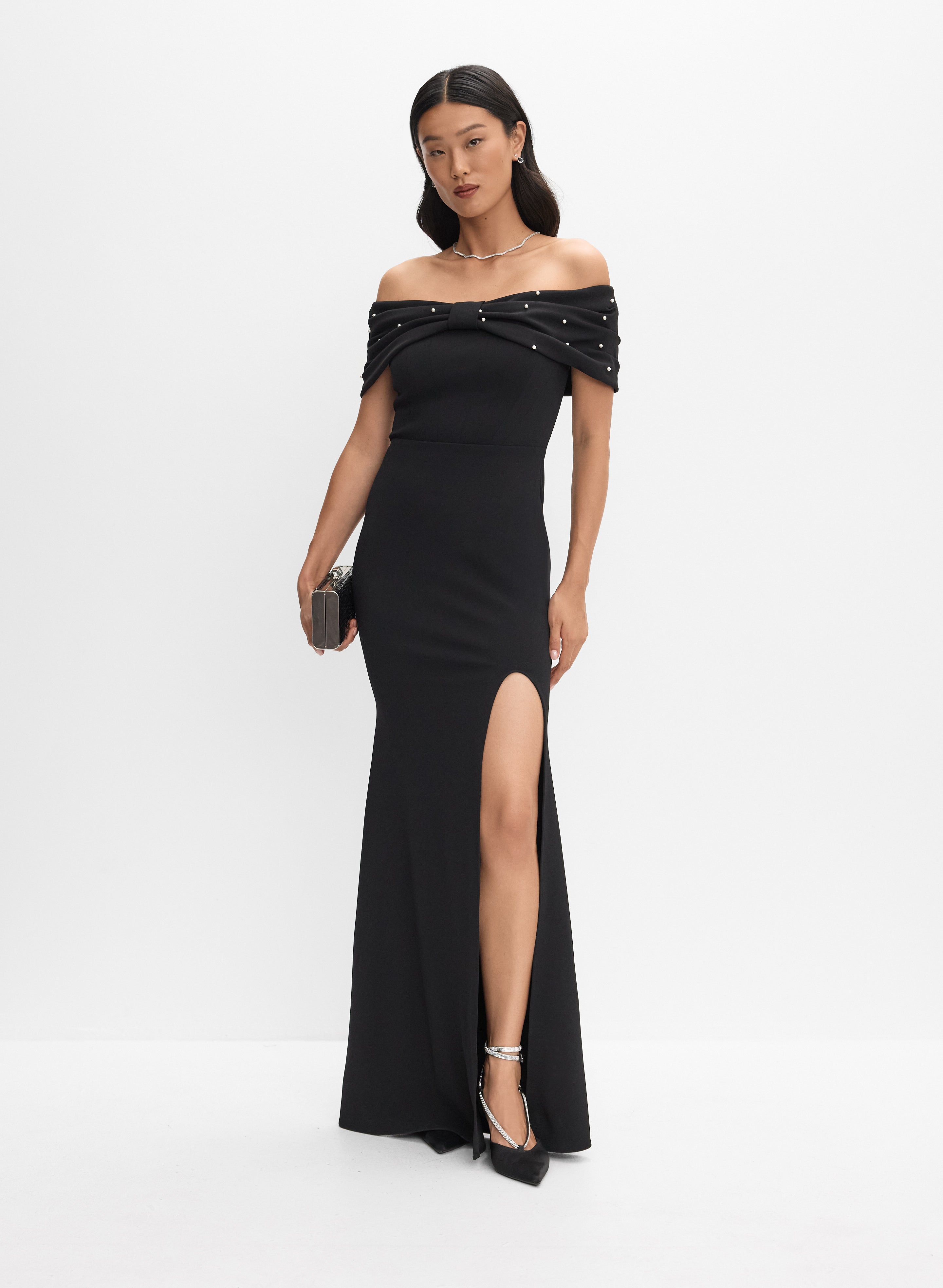 Pearl Embellished Off-Shoulder Dress Pearl Embellished Off-Shoulder Dress