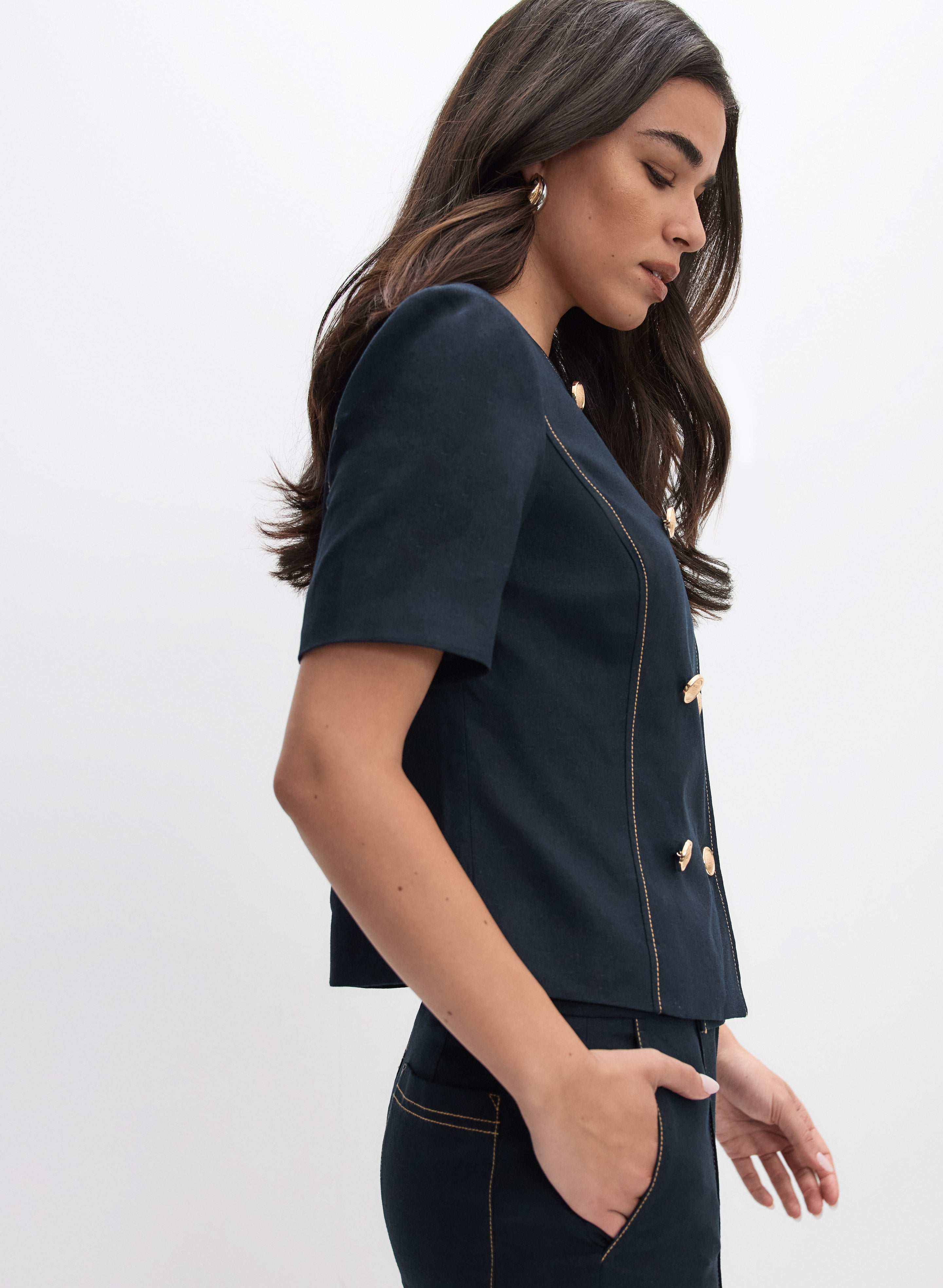 Linen-Blend Short Sleeve Jacket