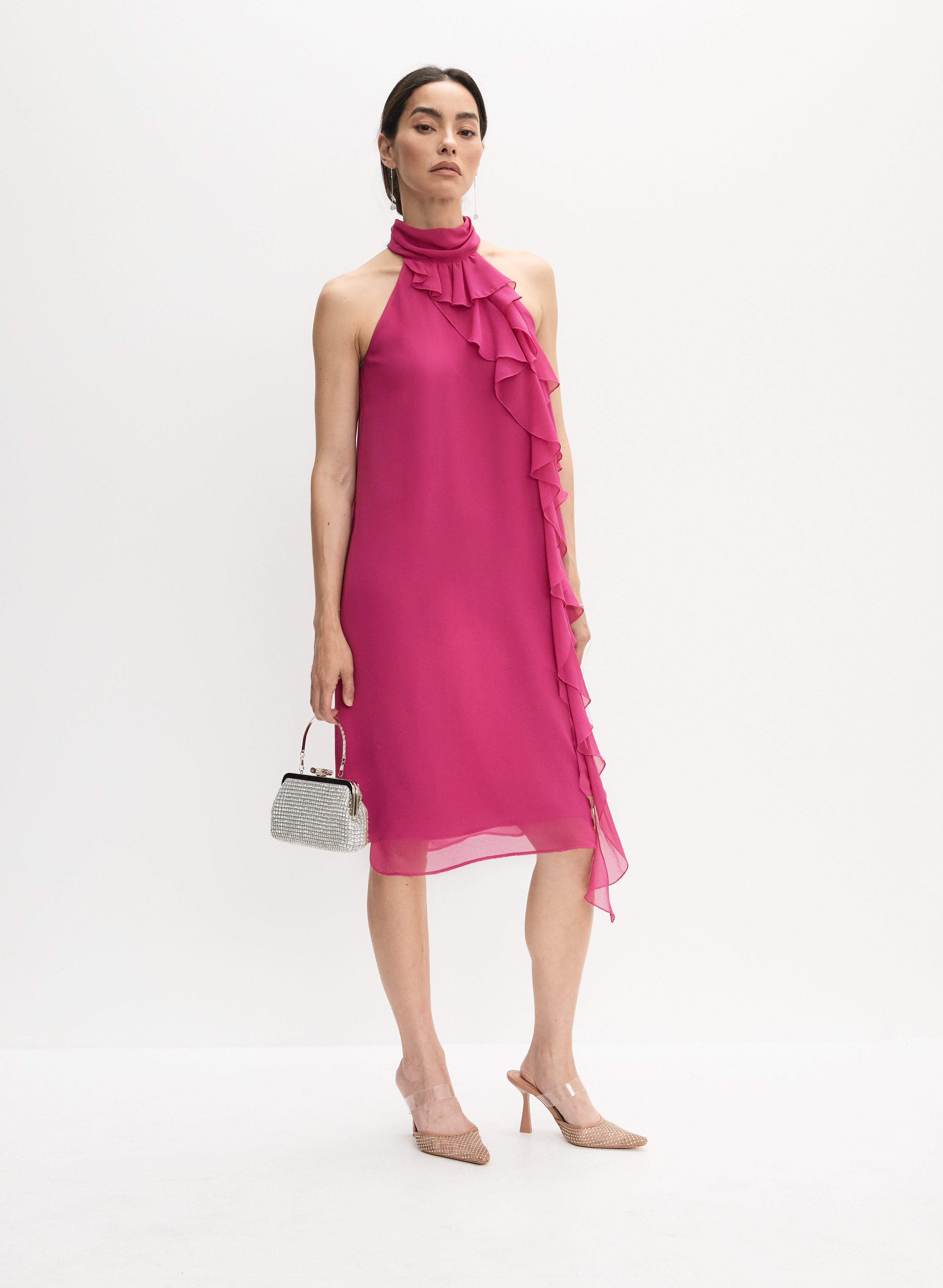 Ruffle Detail High Neck Dress Raspberry Rose Front 1