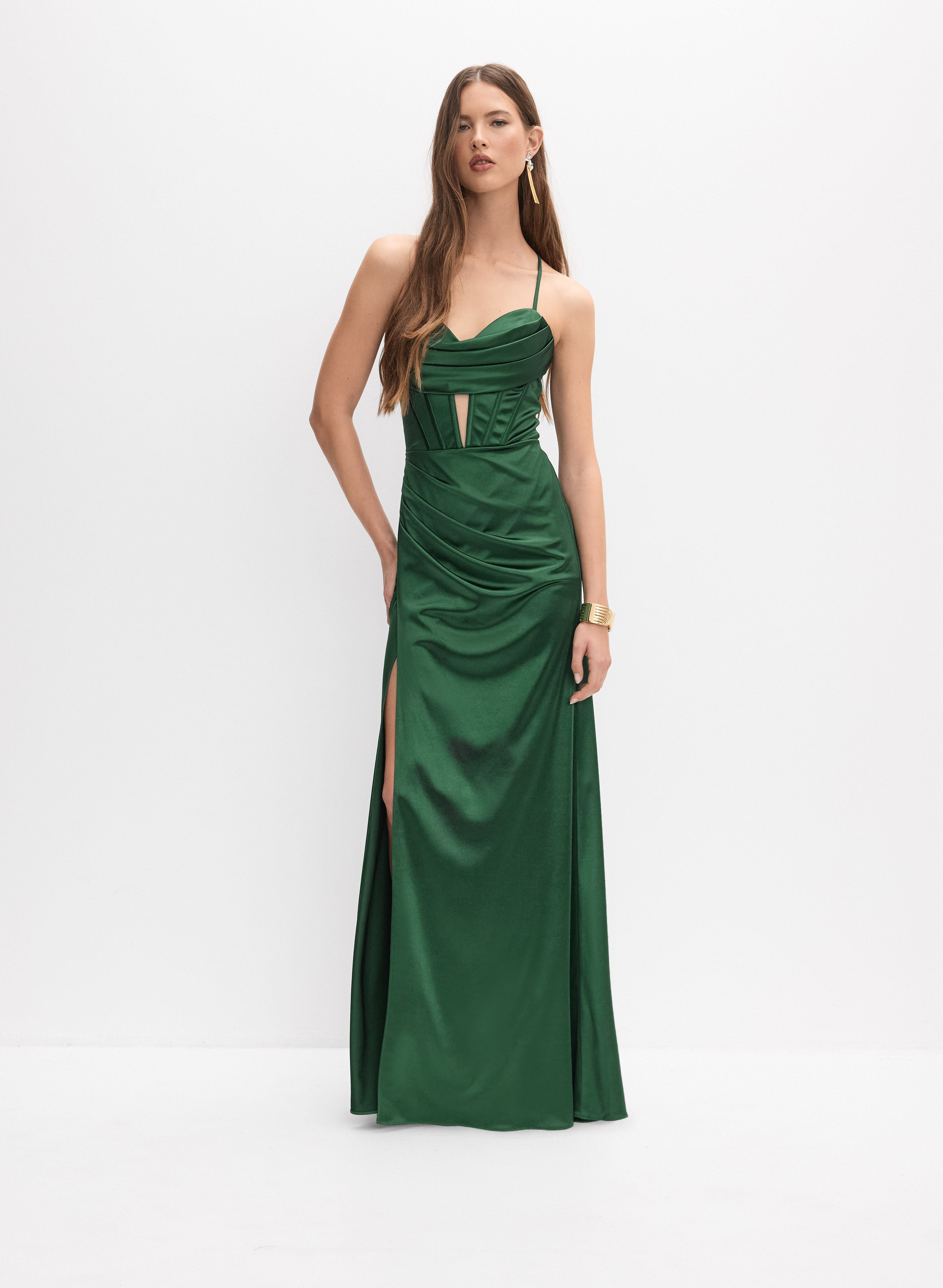 green emerald velvet dress Blondie Nites Jane Long Satin Cutout Corset Dress main image 0