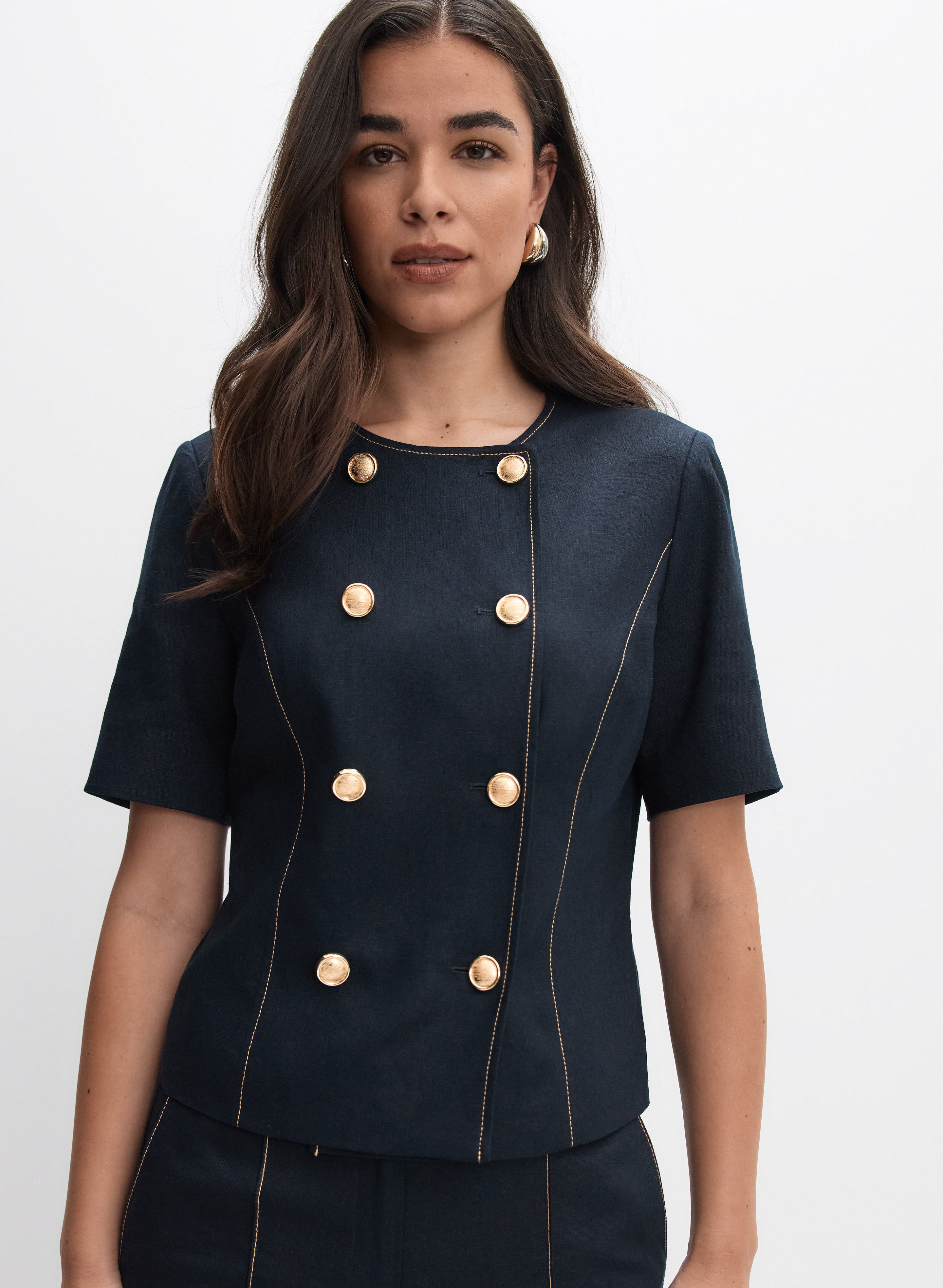 Linen-Blend Short Sleeve Jacket