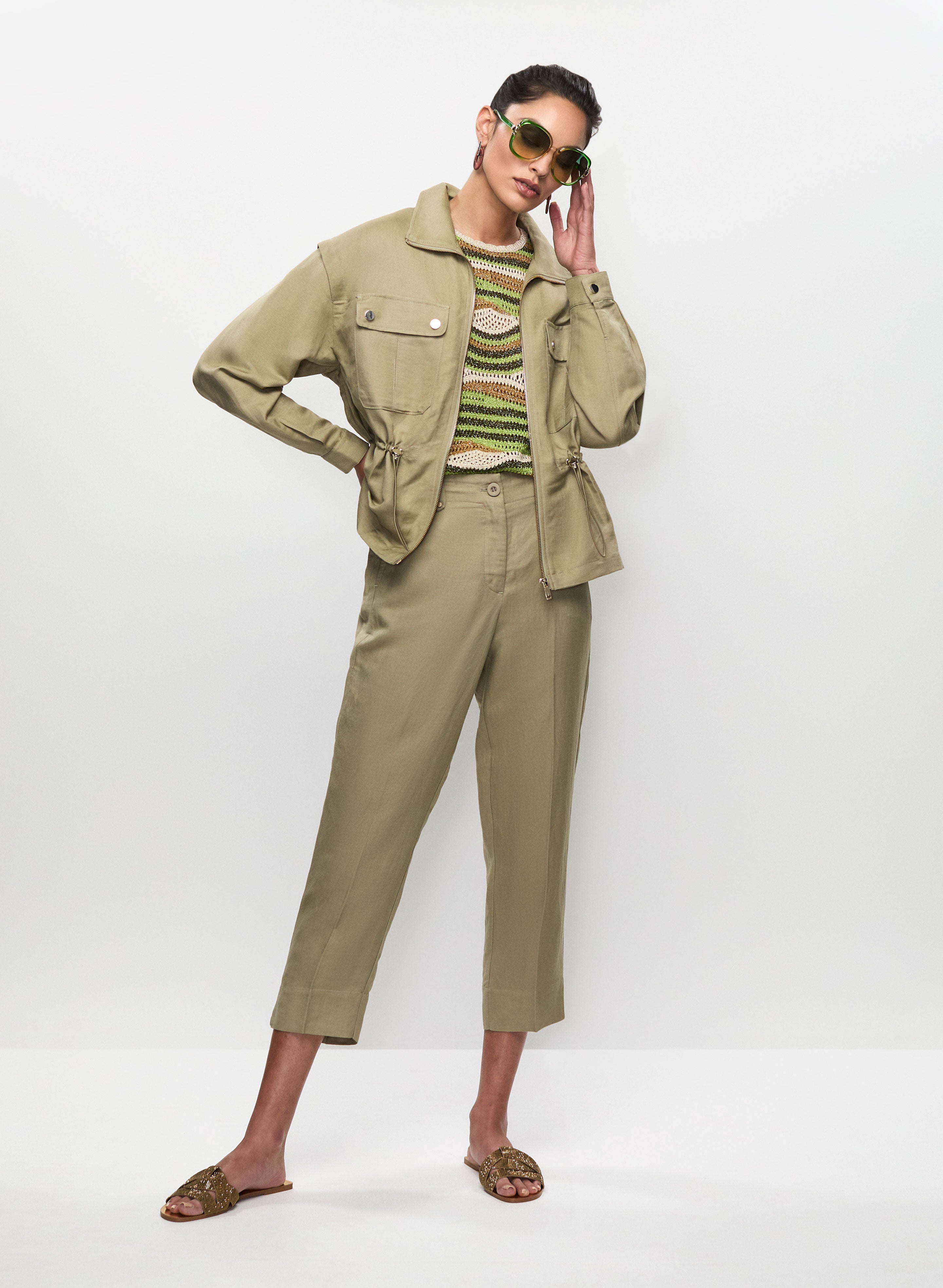 Zip Front Jacket & Linen-Blend Capri Pants