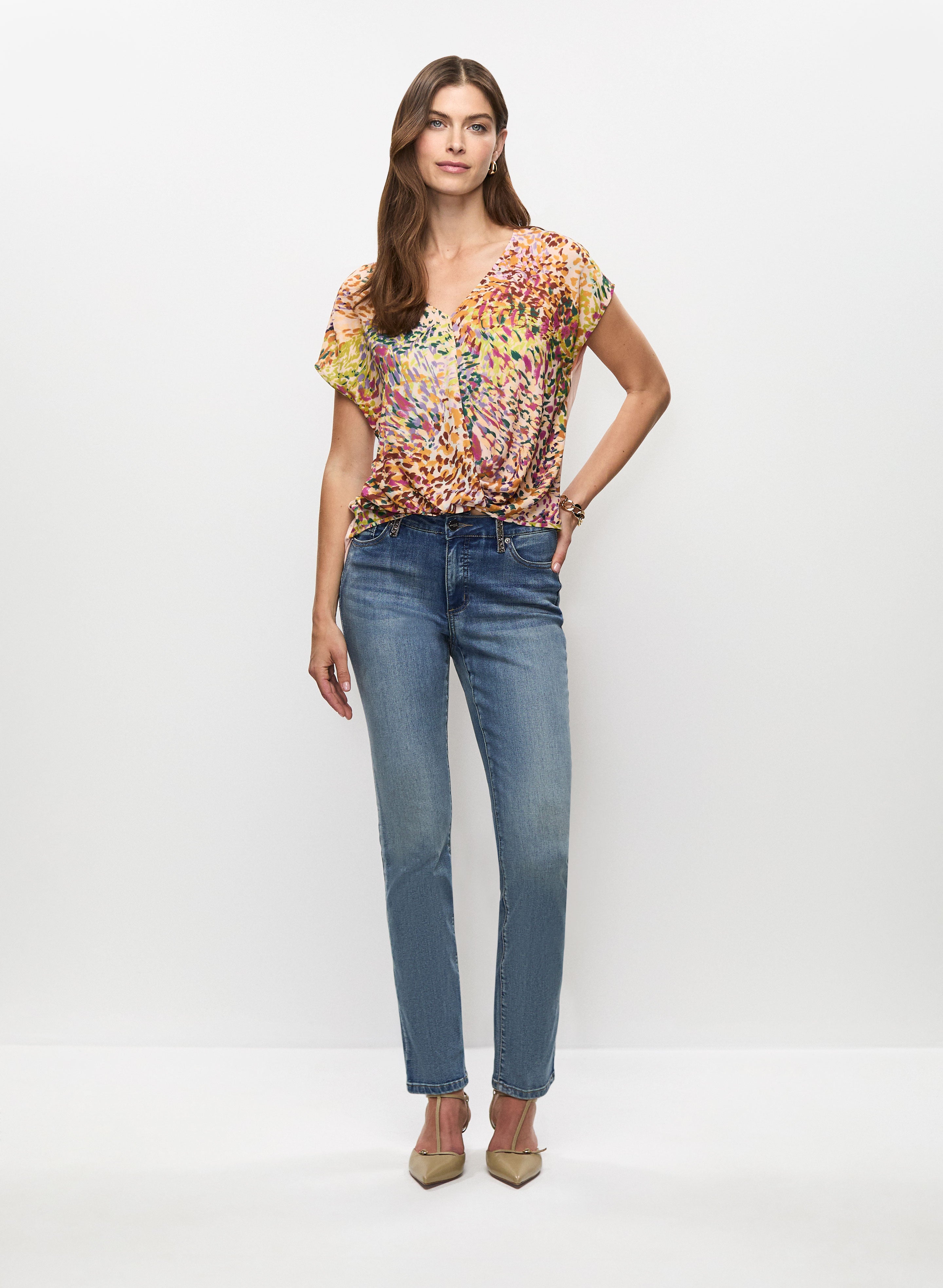 Printed Wrap-Style Top & Straight Leg Jeans