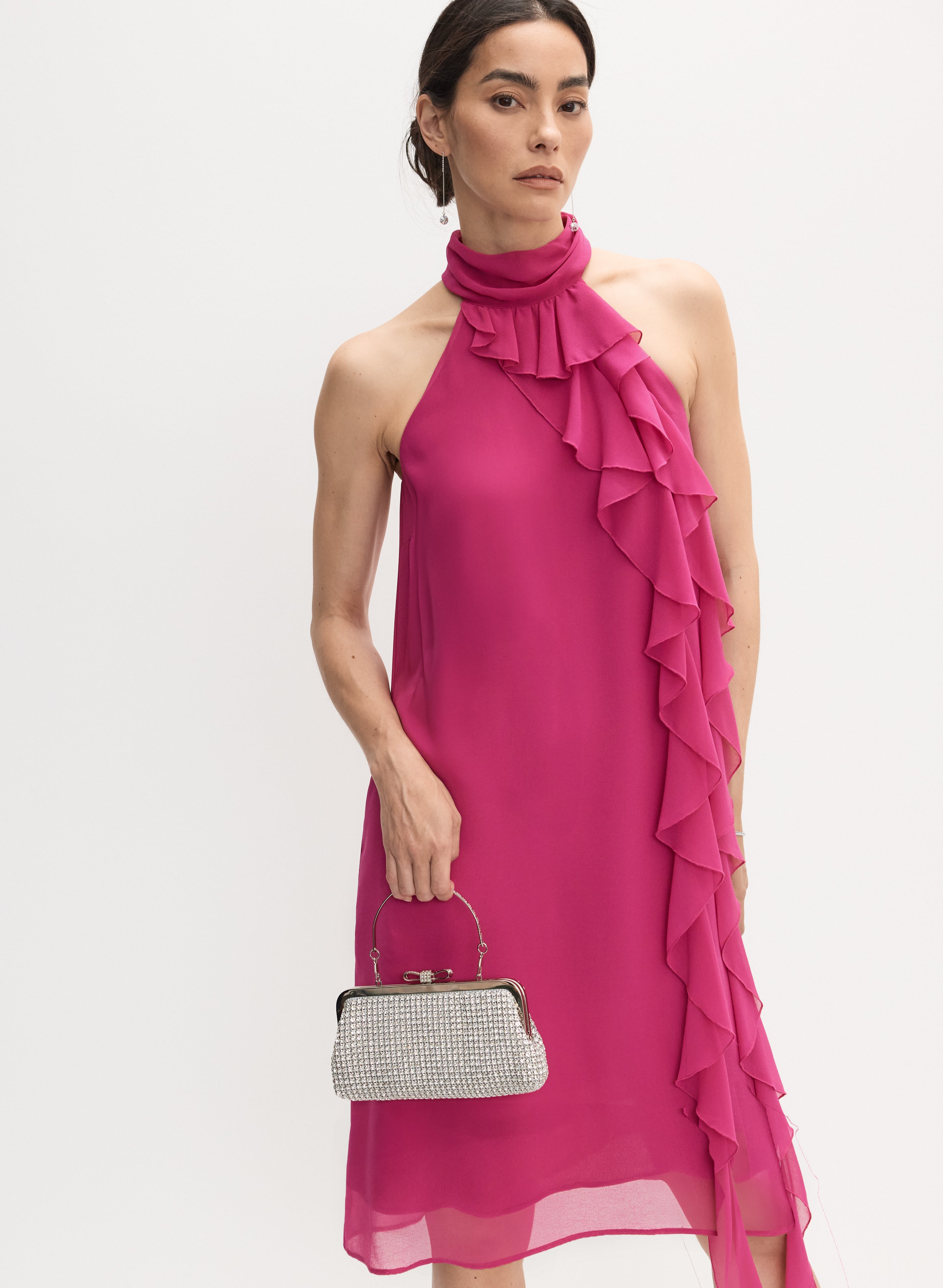 Ruffle Detail High Neck Dress Raspberry Rose Head to Toe