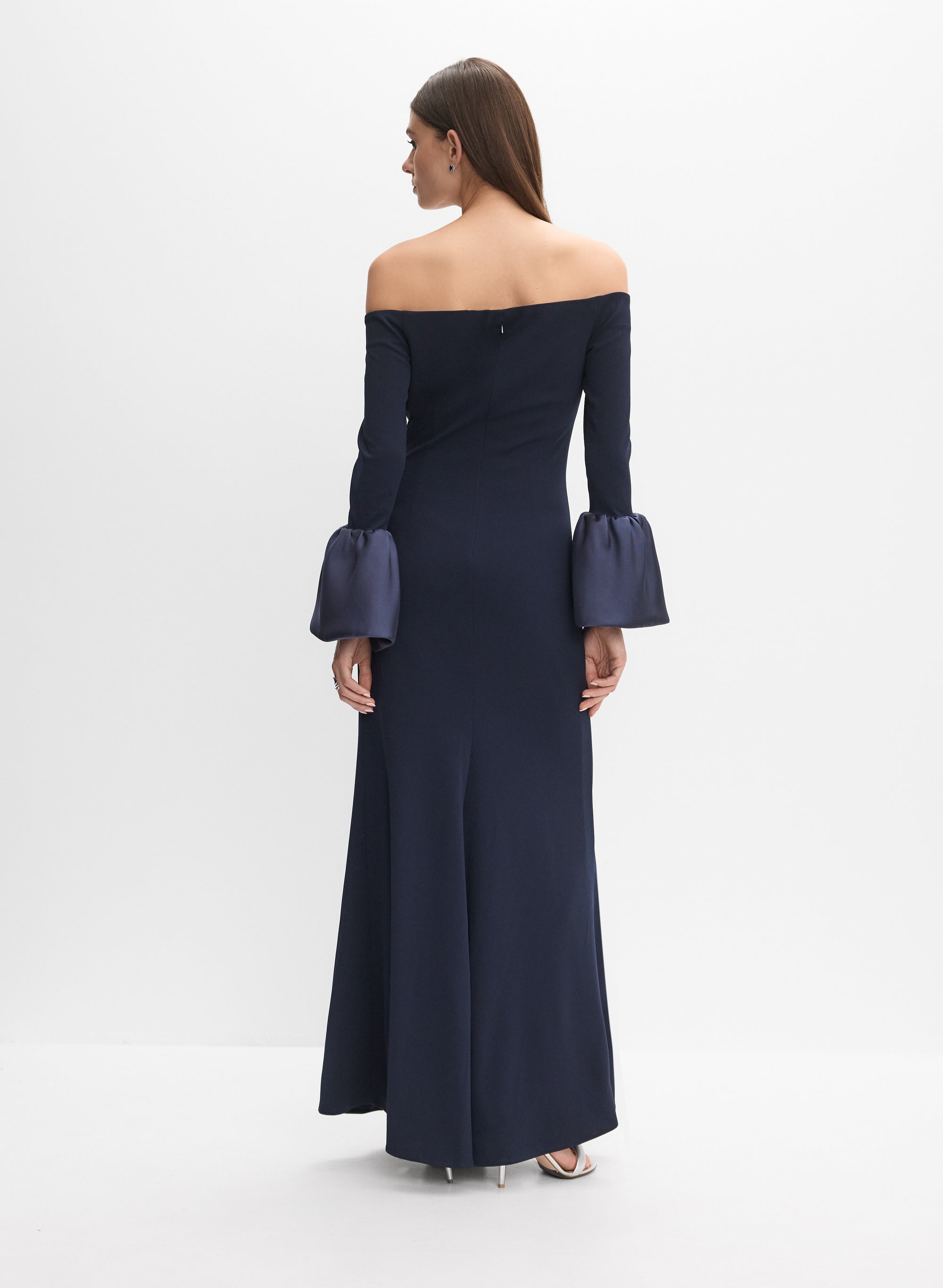 turtleneck flare dress Soft Satin Off the Shoulder Long Sleeve Slit Gown by Cinderella Divine –  Ariststyles main image 1