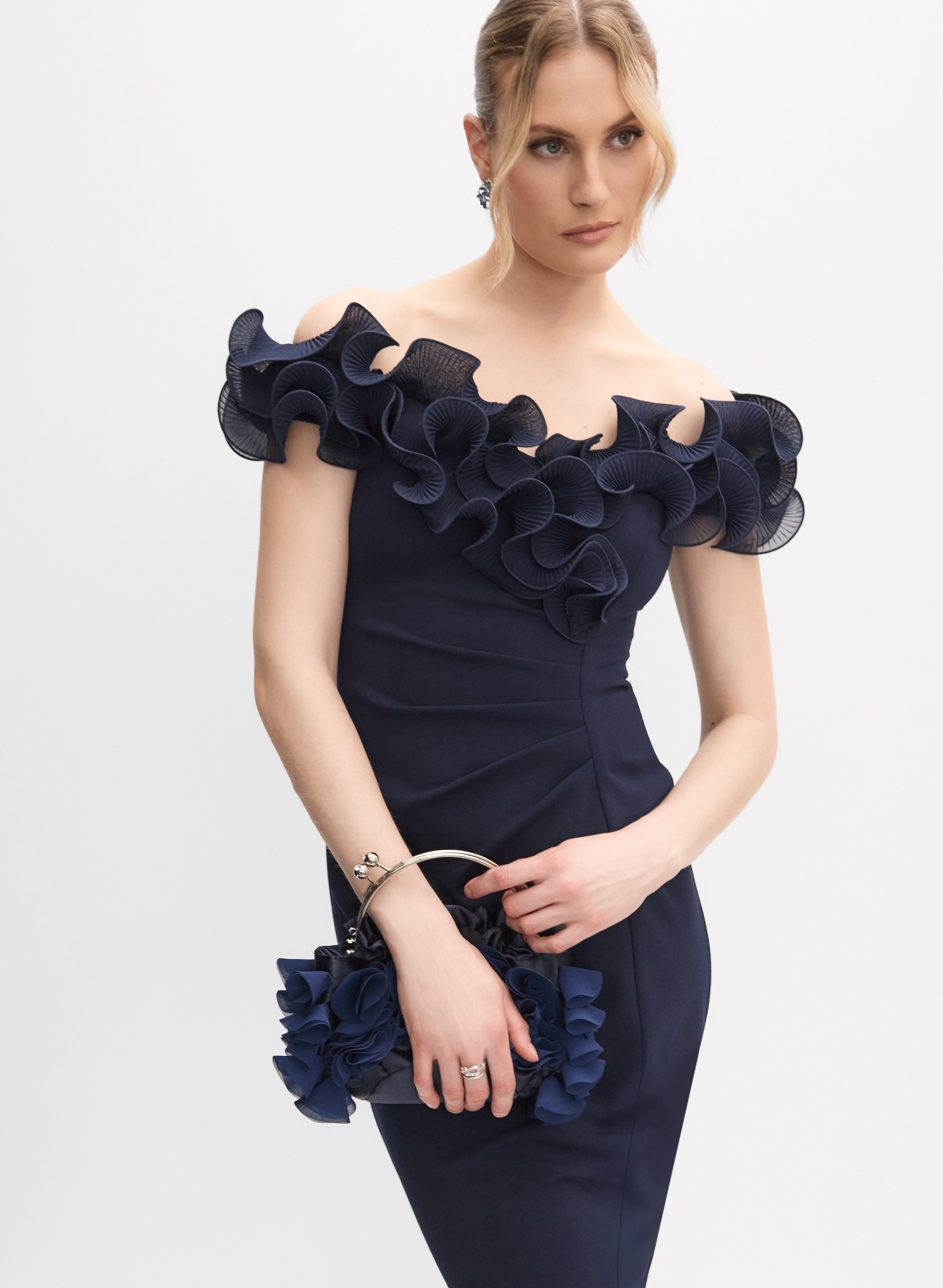 green emerald velvet dress Ruffled Off-The-Shoulder Dress
