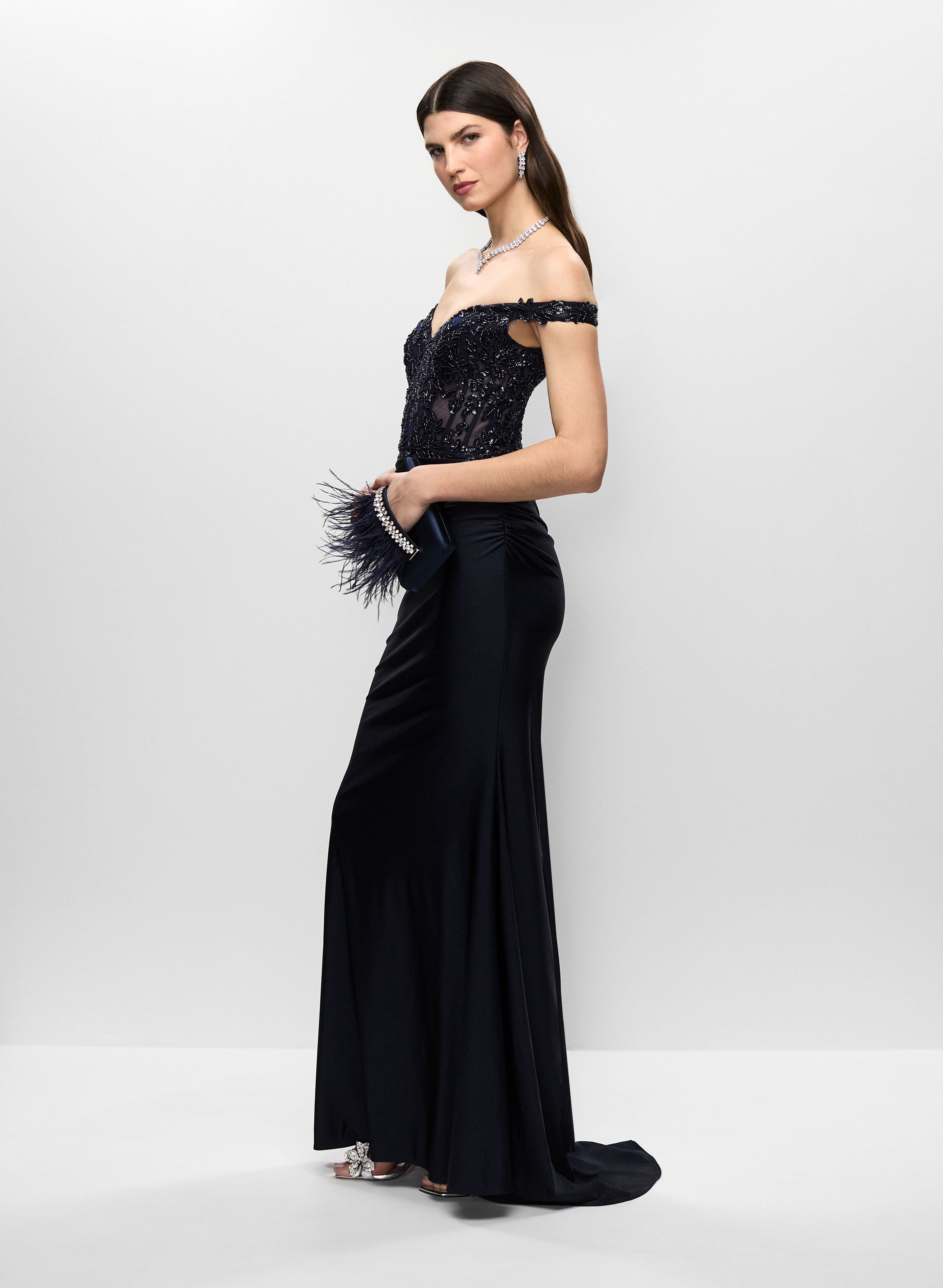 Sequinned Gown & Feather Detail Clutch