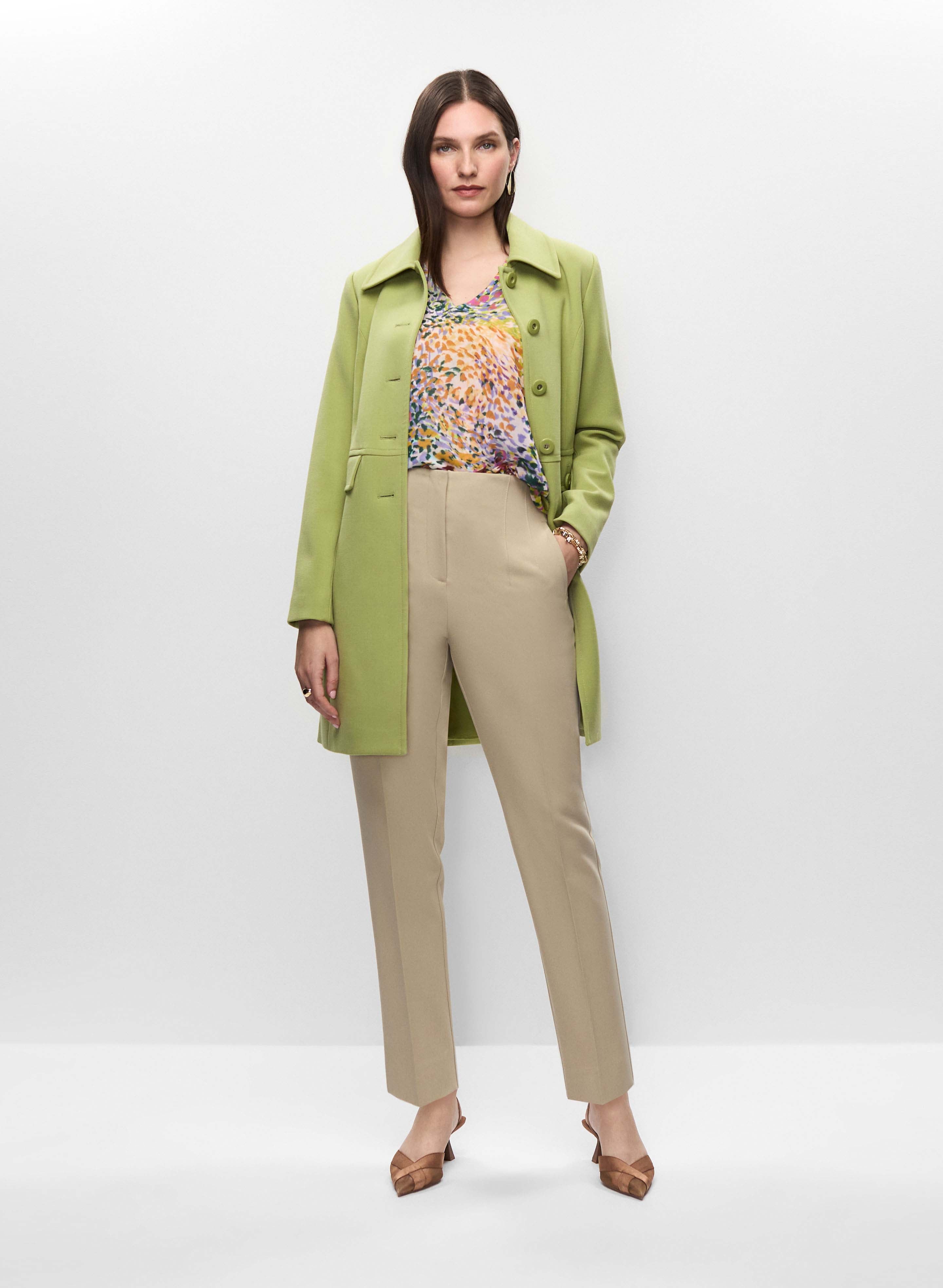 Button Front Tricotine Trench Coat & Slim Leg Pants