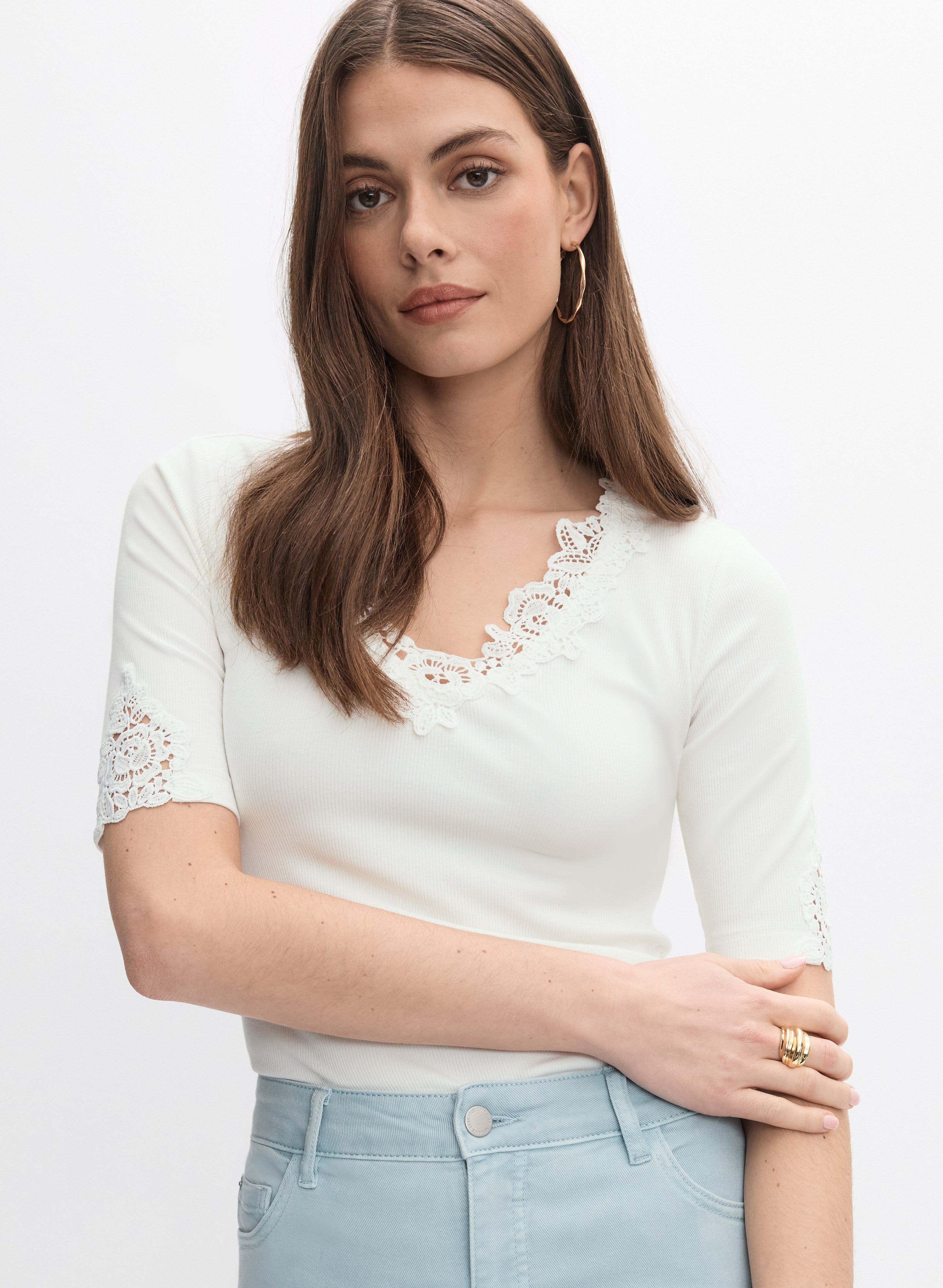 Lace Trim Ribbed Knit Top