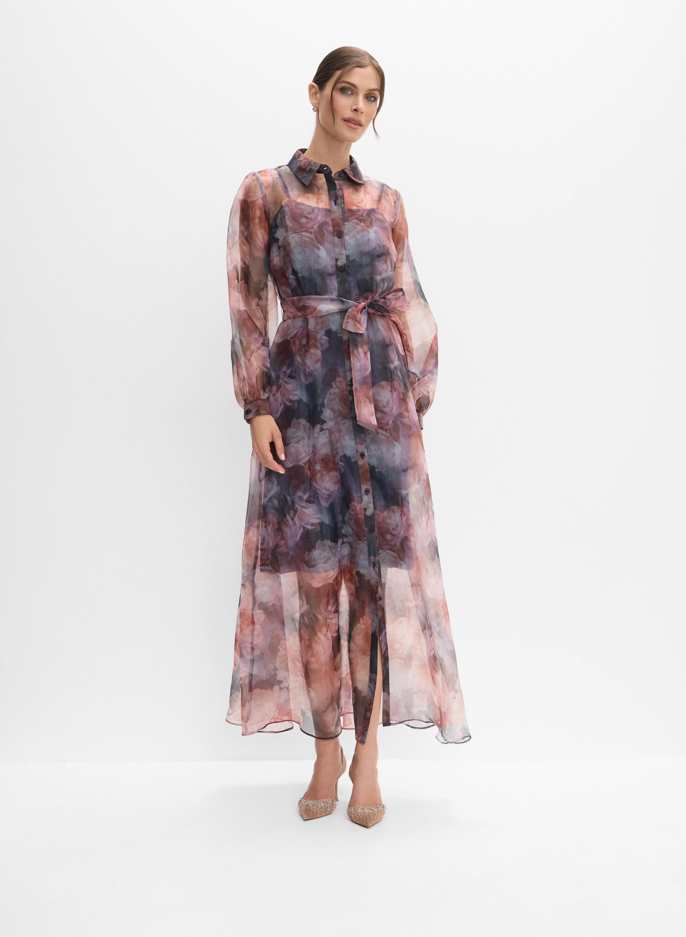 chinese dress ladies Organza Sleeve Metallic Crinkle Jacquard Long Jacket Dress – John Paul  Ataker main image 1