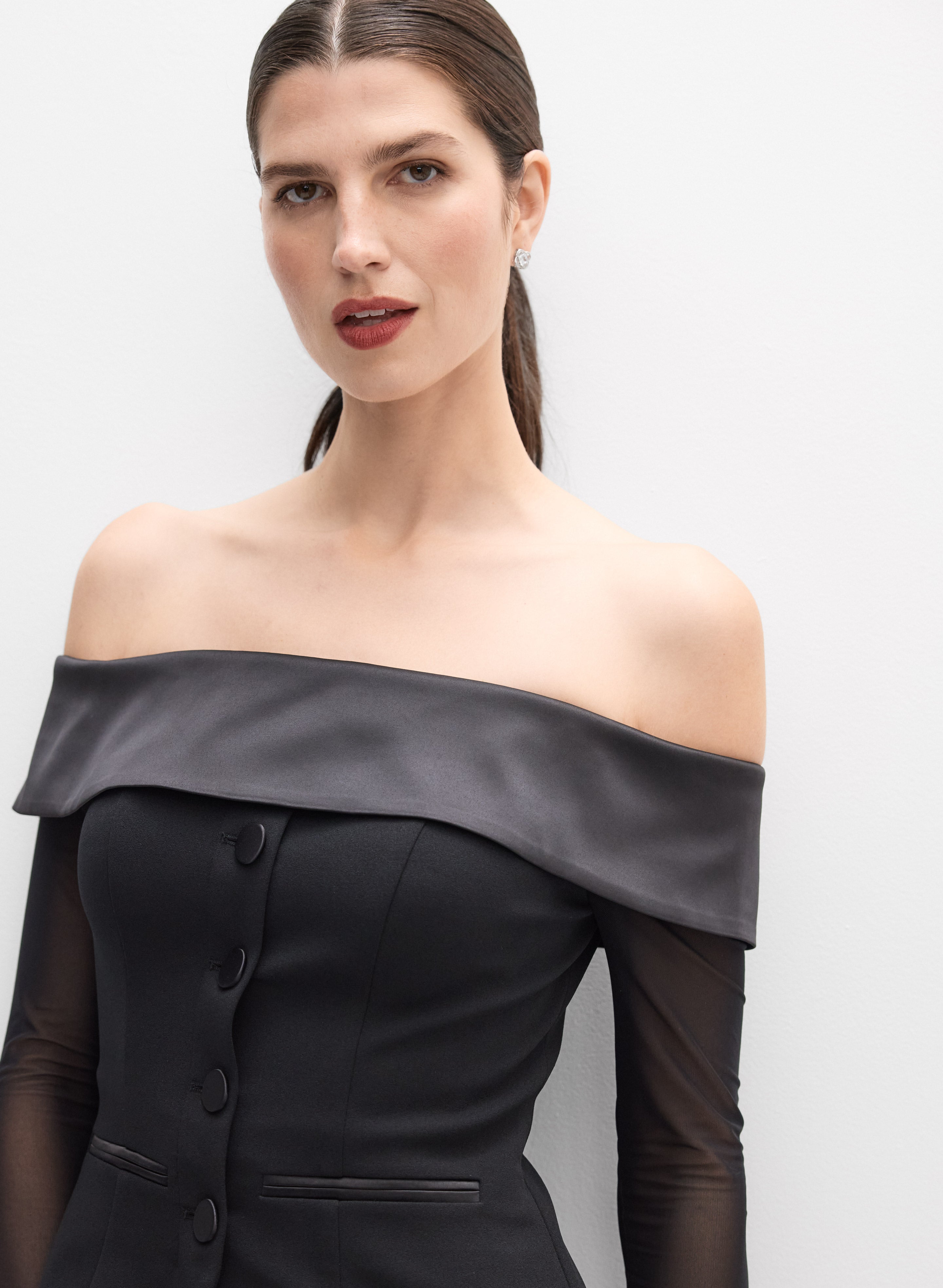 Illusion Off-Shoulder Tuxedo Jumpsuit