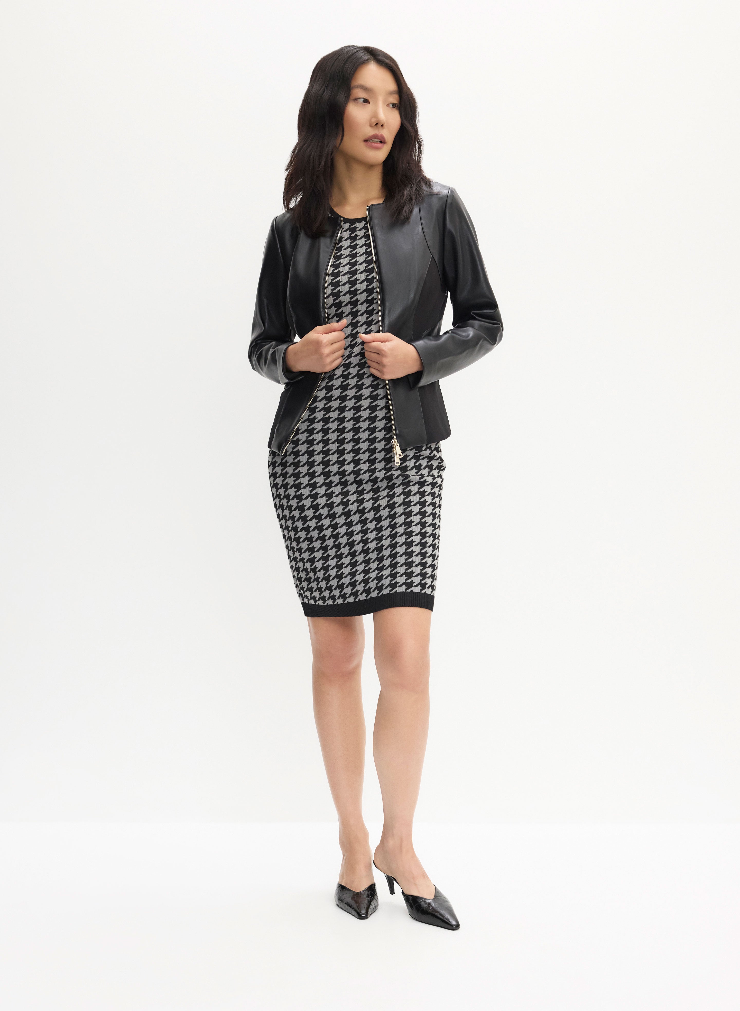Vegan Leather Jacket & Houndstooth Print Dress Vegan Leather Jacket & Houndstooth Print Dress