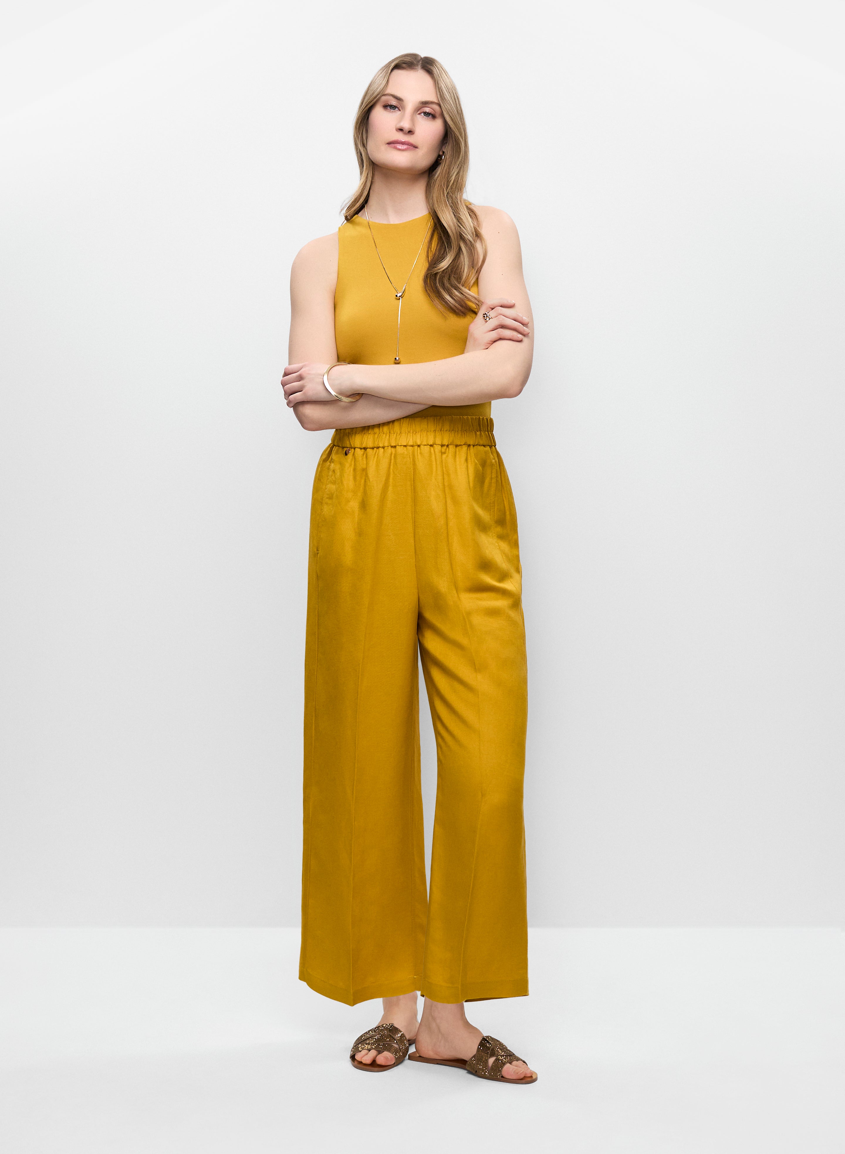 Pull-On Linen-Blend Culotte Pants