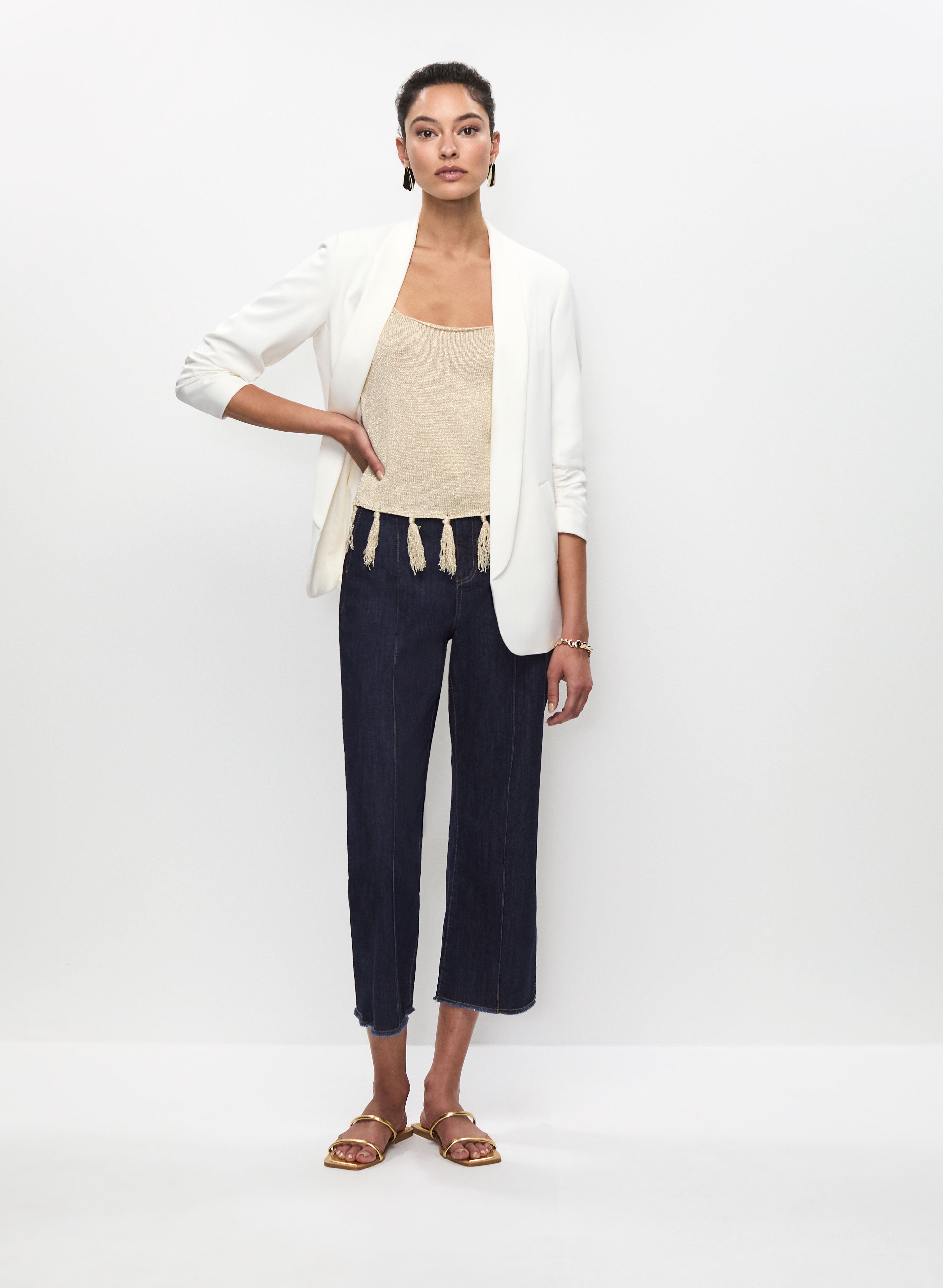 Ruched Sleeve Blazer & Flare Leg Jeans