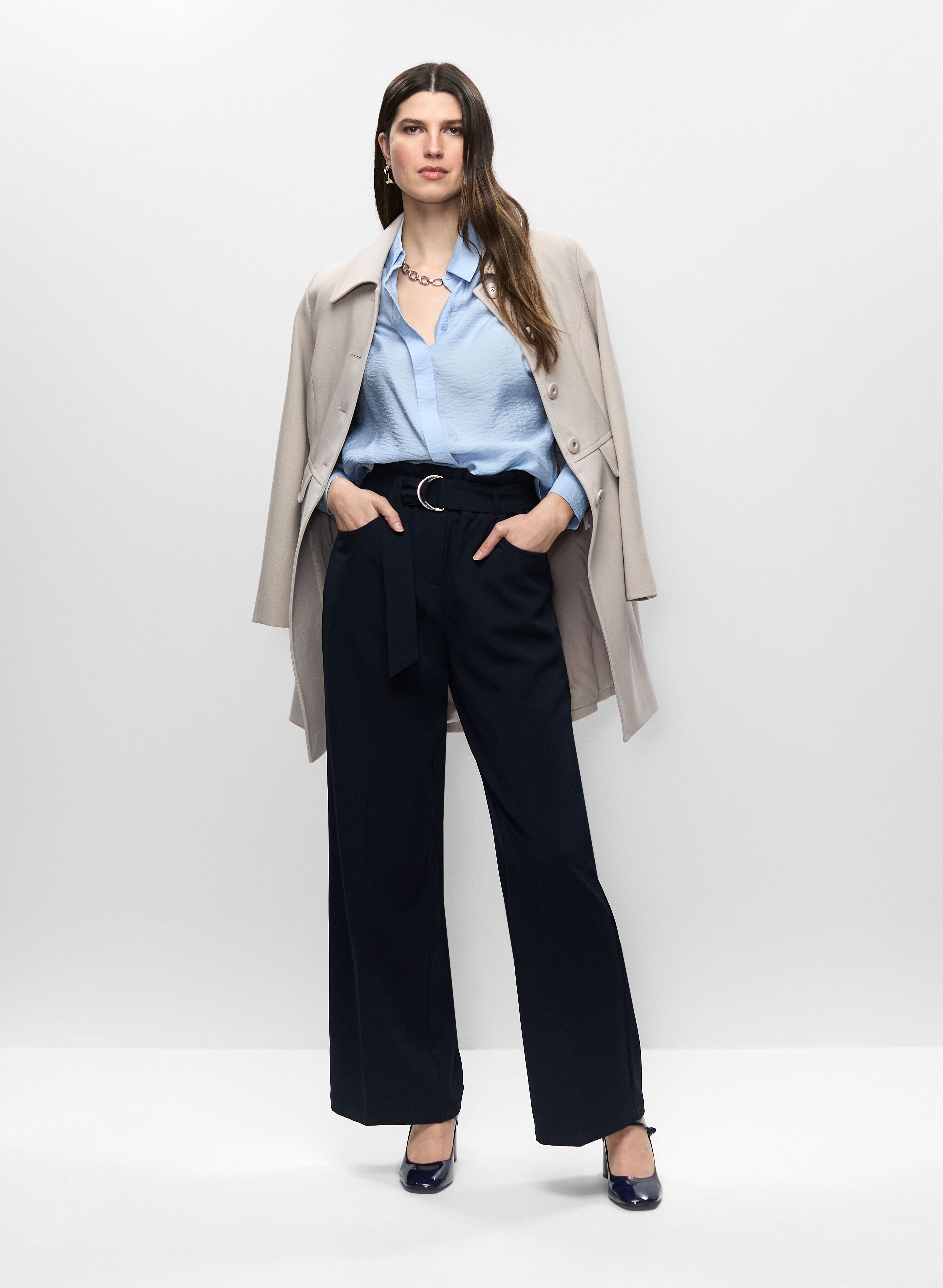 Button Front Tricotine Trench Coat & Belted Wide Leg Pants