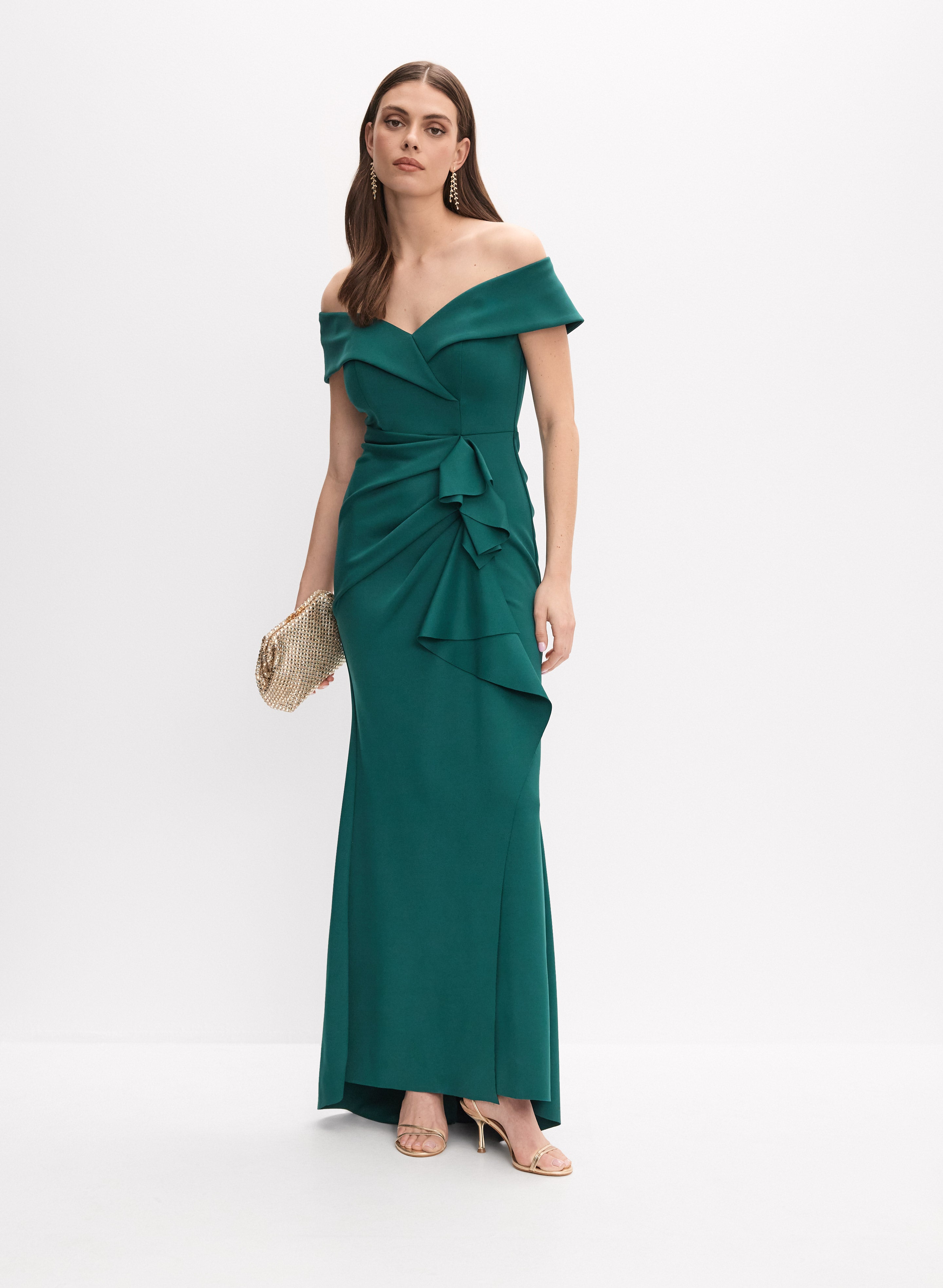 green off the shoulder bridesmaid dress Long Satin Off Shoulder Bridesmaid Dresses Front Slit