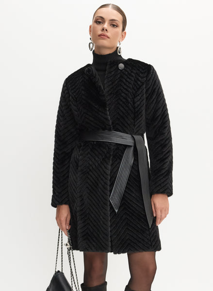 laguagem LONG FAUX FUR BELTED ジャケット　ブラック LAGUA GEM | LONG FAUX FUR BELTED ジャケット (コート ) |SHEL'TTER