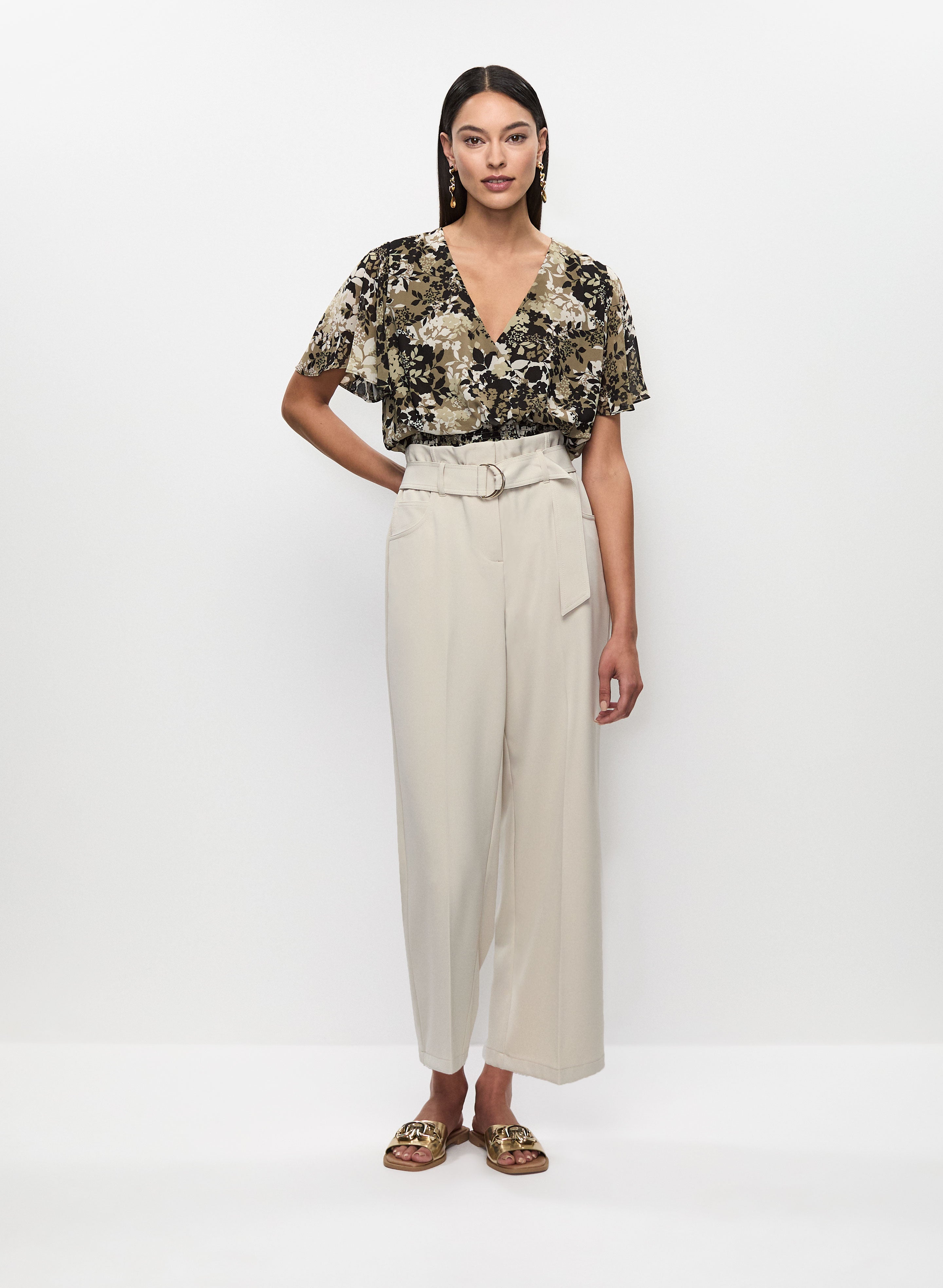 Faux Wrap Blouse & Cropped Pants with Belt