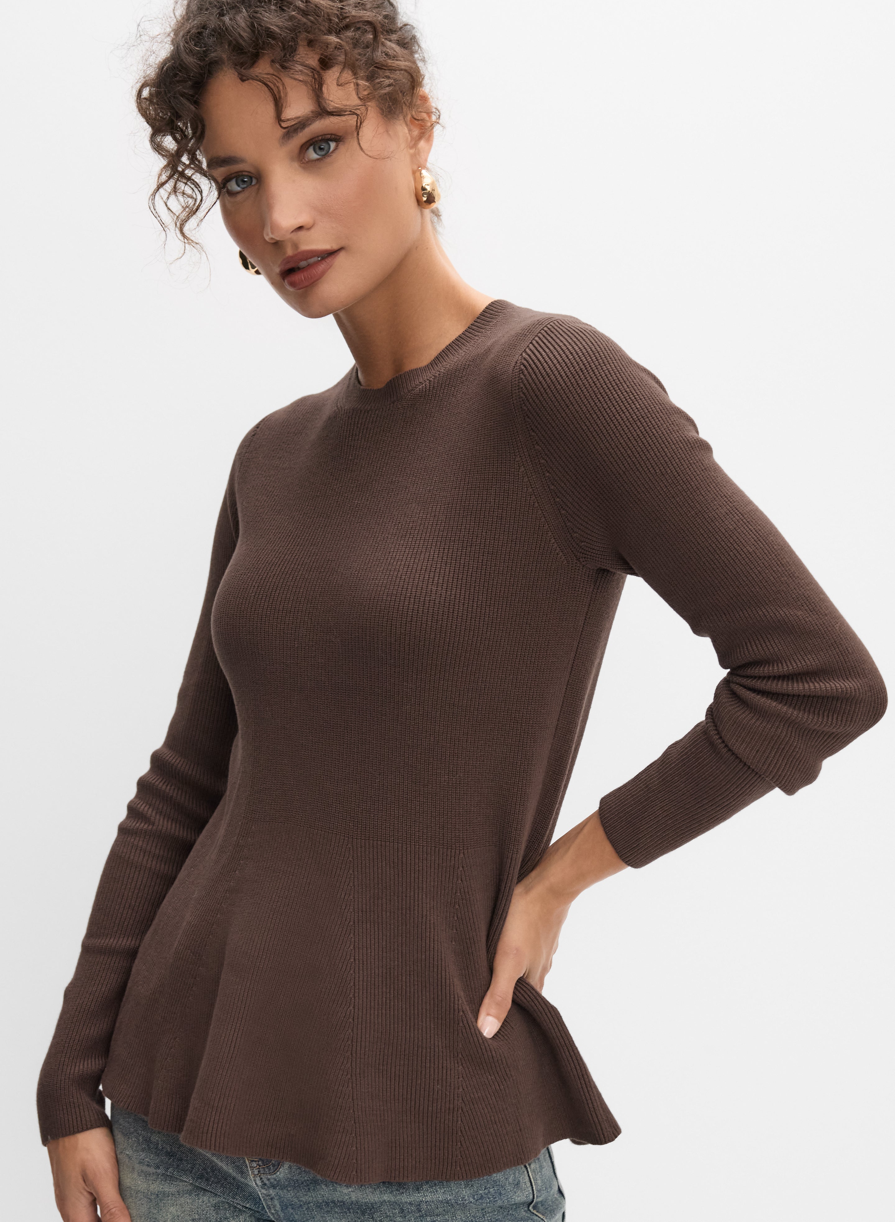 トップス Peplum Ribbed Knit Top Women's Brown Rib-Knit Peplum Top | H&M CA