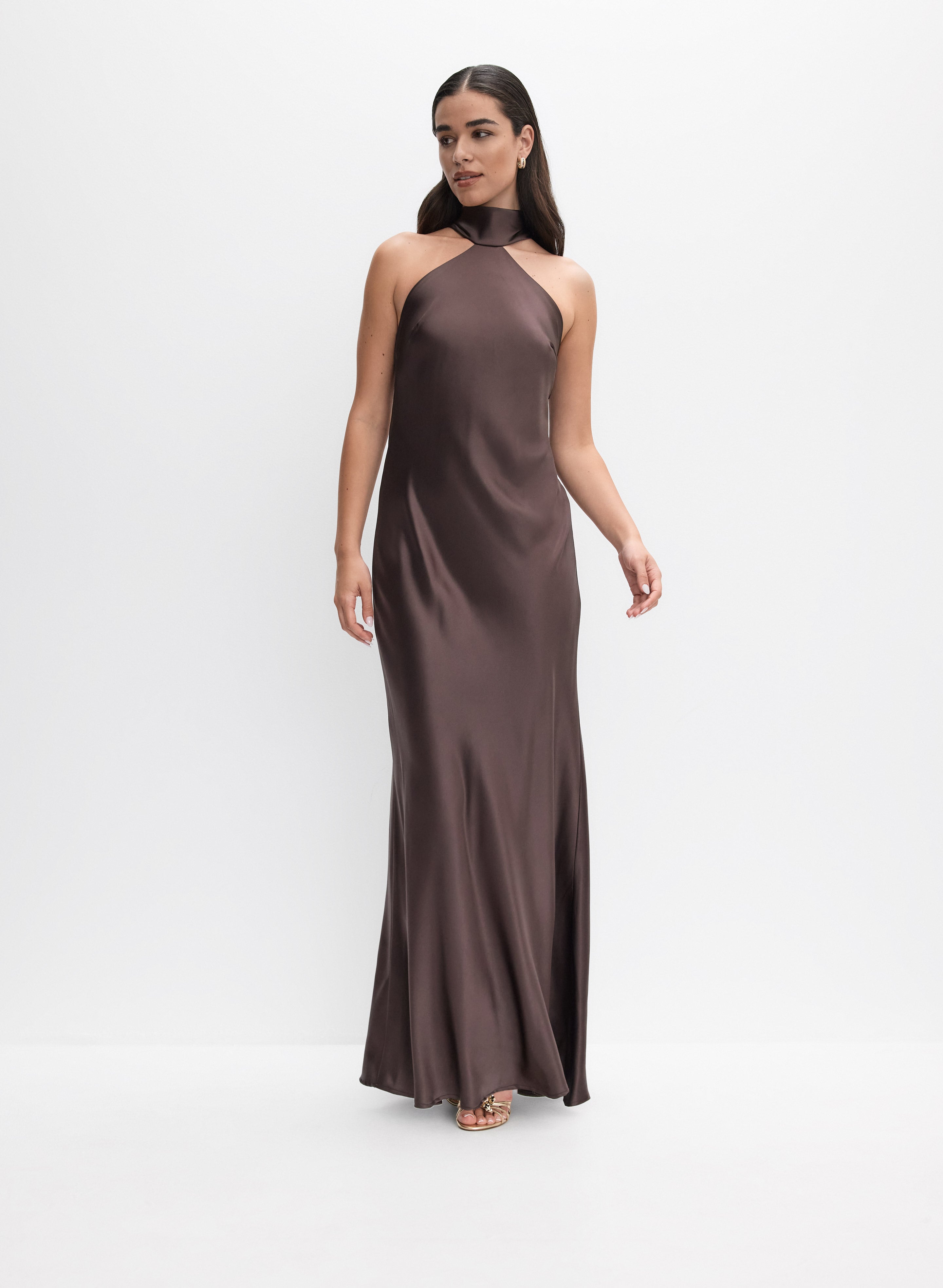 brown satin dress with neck scarf blue dress for baby girl Renesmee Brown Satin Maxi Dress
