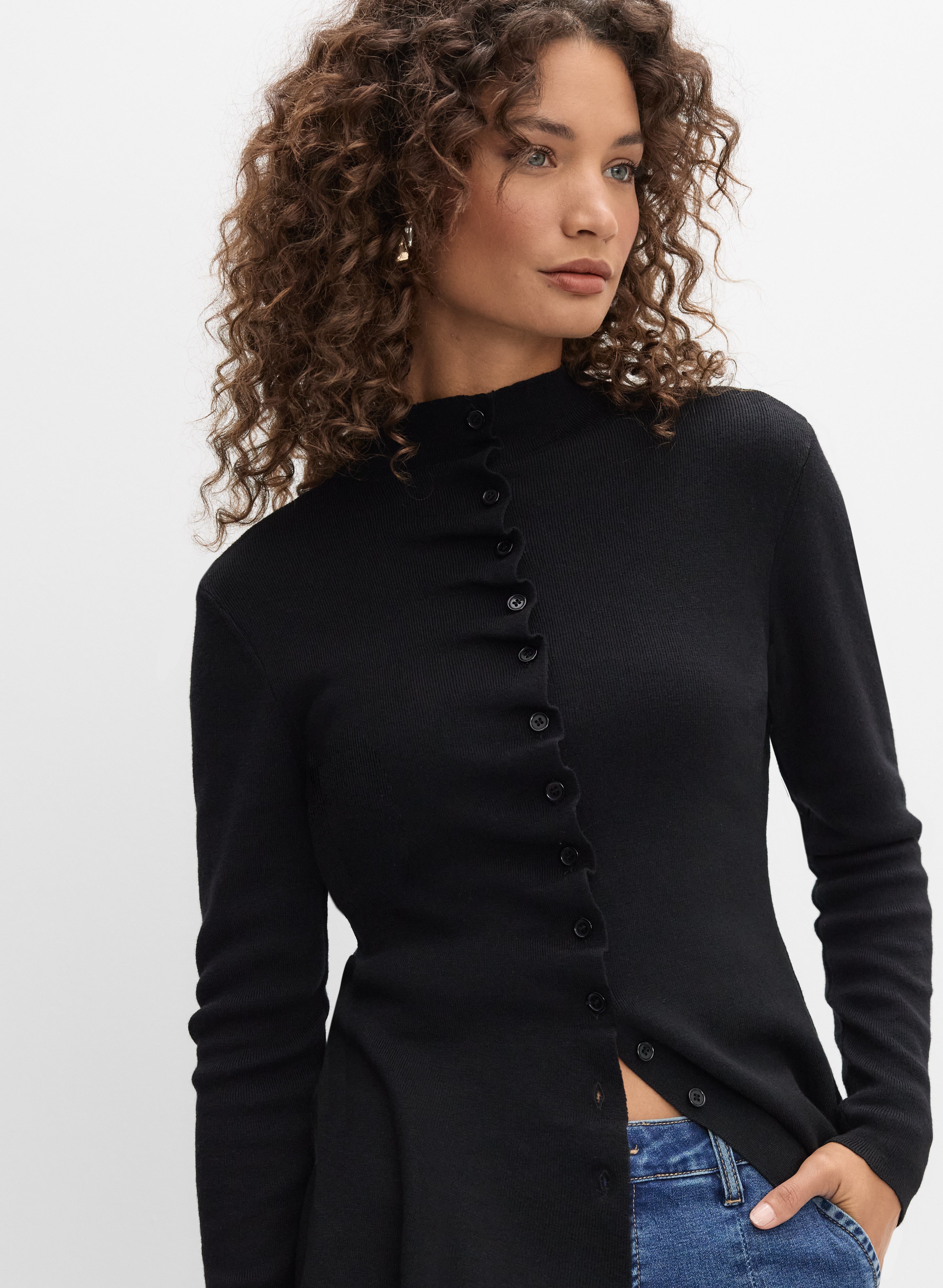 Ruffle Button-Front Cardigan