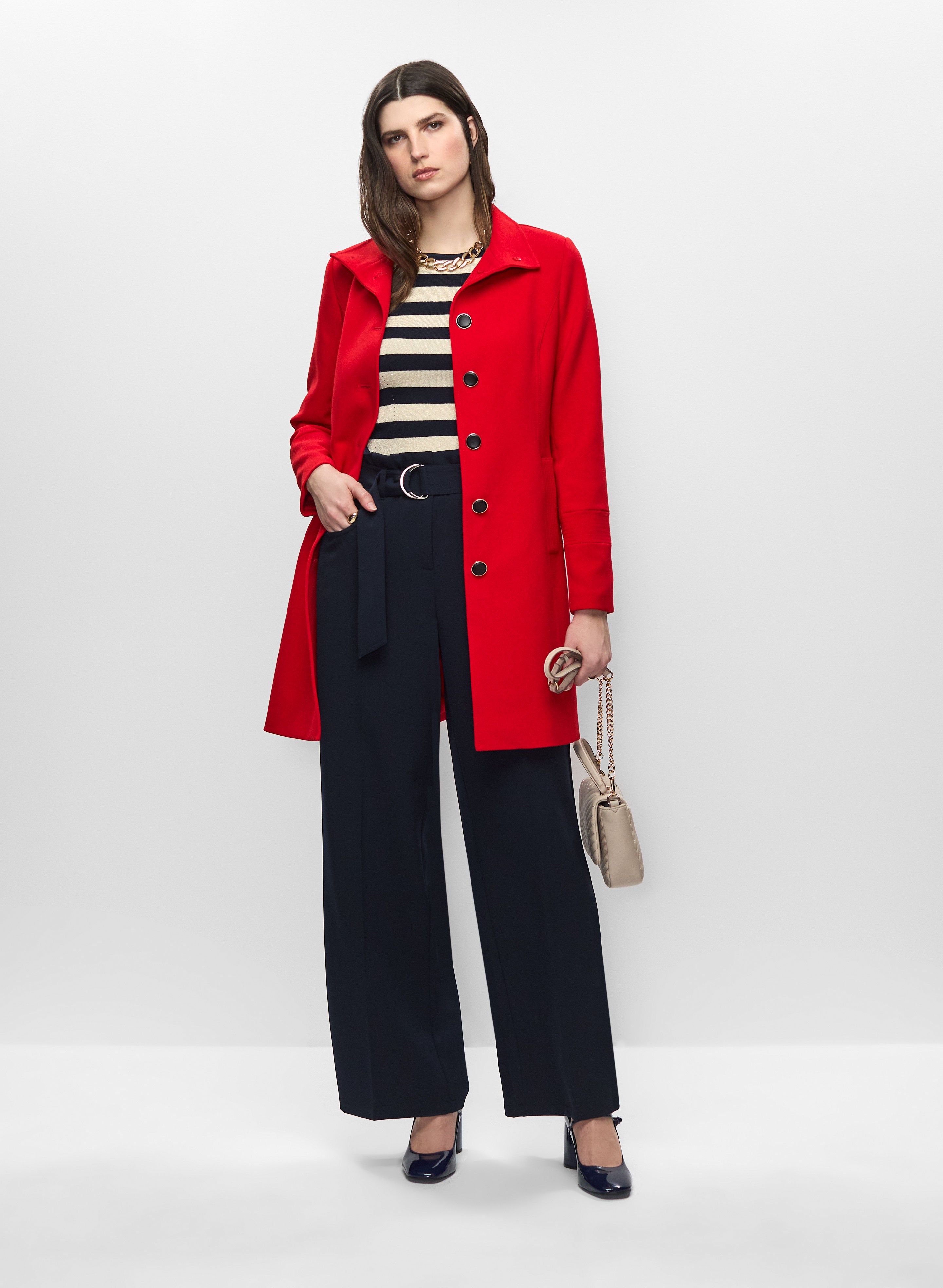 Button Front Trench Coat & Belted Wide Leg Pants