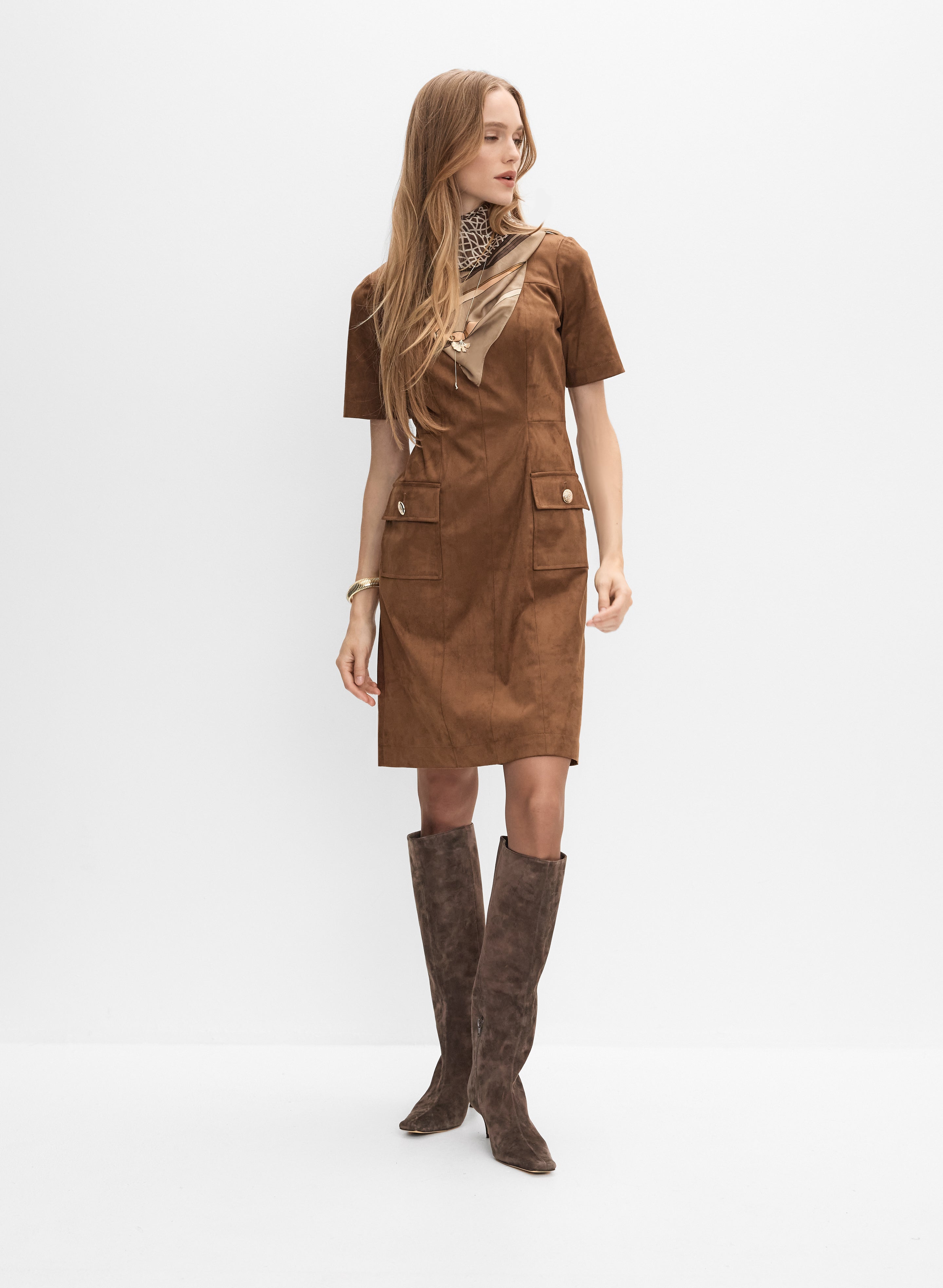 faux suede a line dress Faux-Suede Cargo Pocket Dress