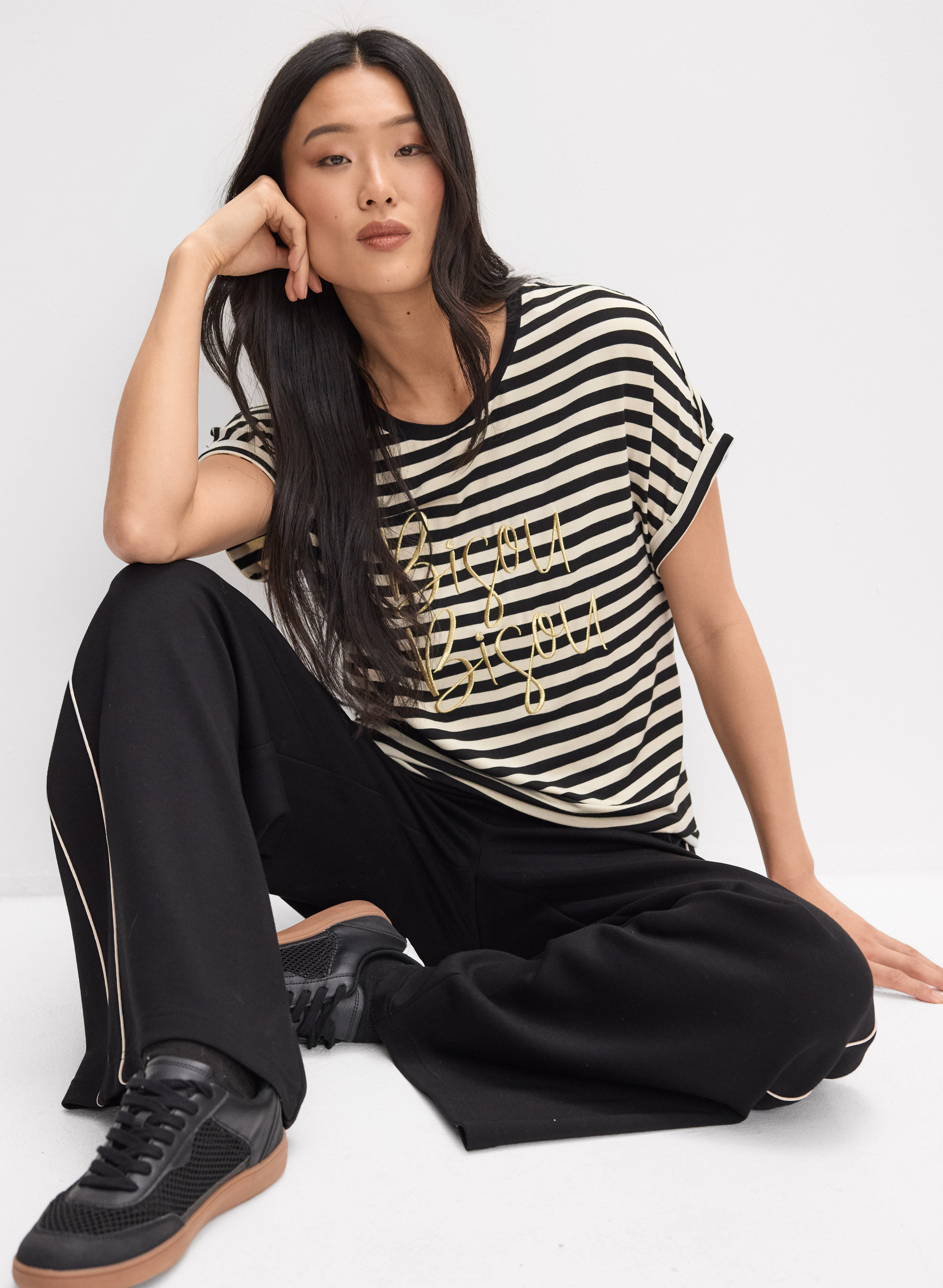 Stripe Embroidered Script T-Shirt
