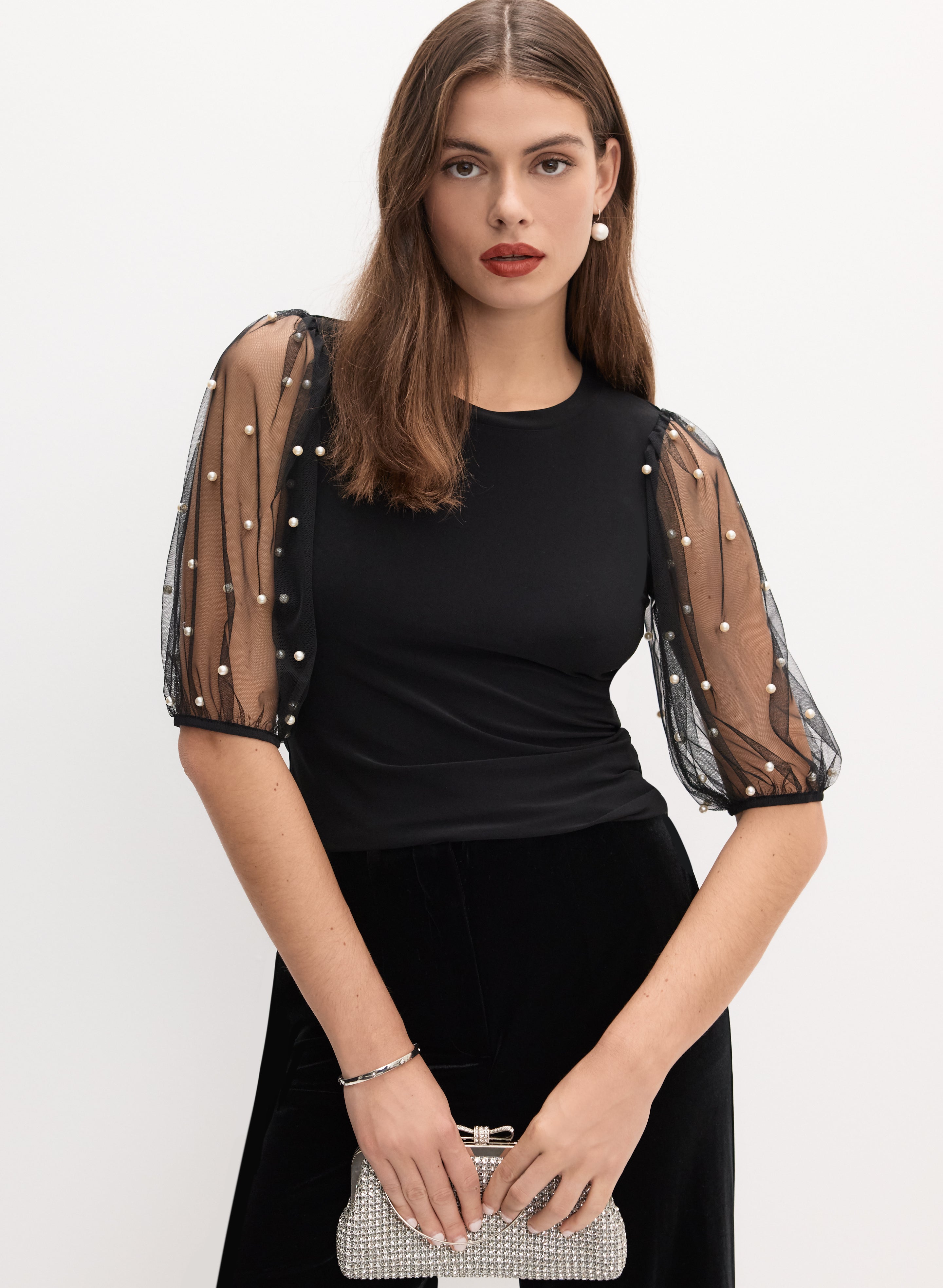 Joseph Ribkoff Mesh Balloon Sleeve Top