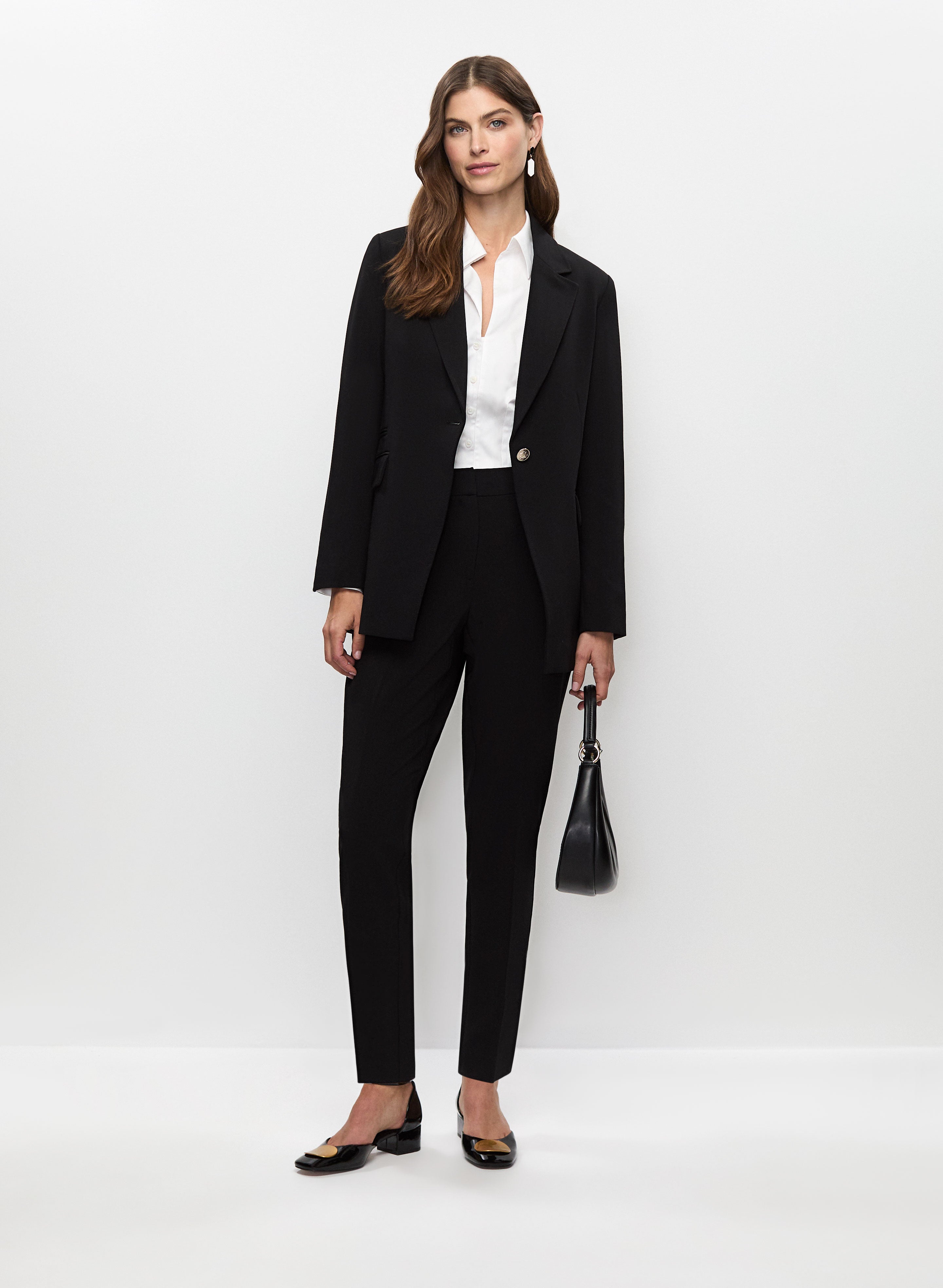 Single-Button Blazer, Corset Blouse & Slim Leg Pants