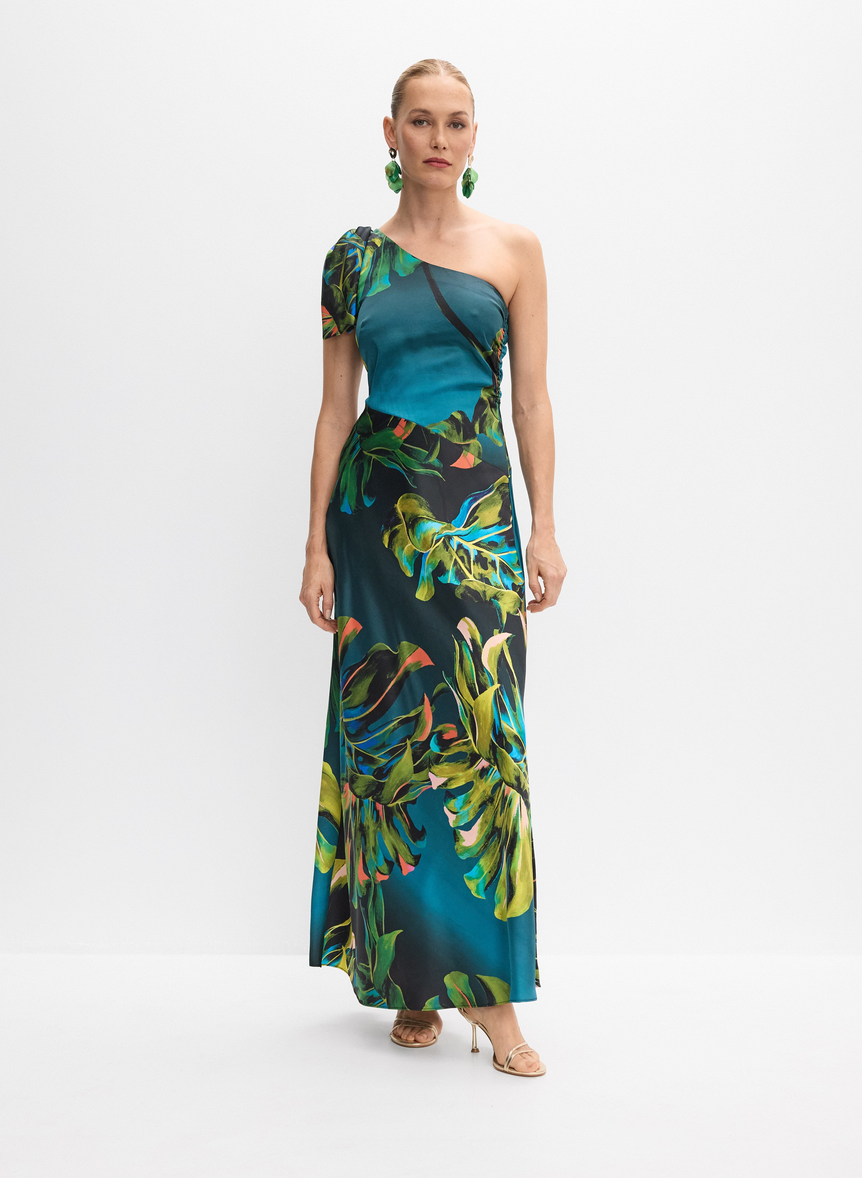 Single-Shoulder Leaf Print Dress