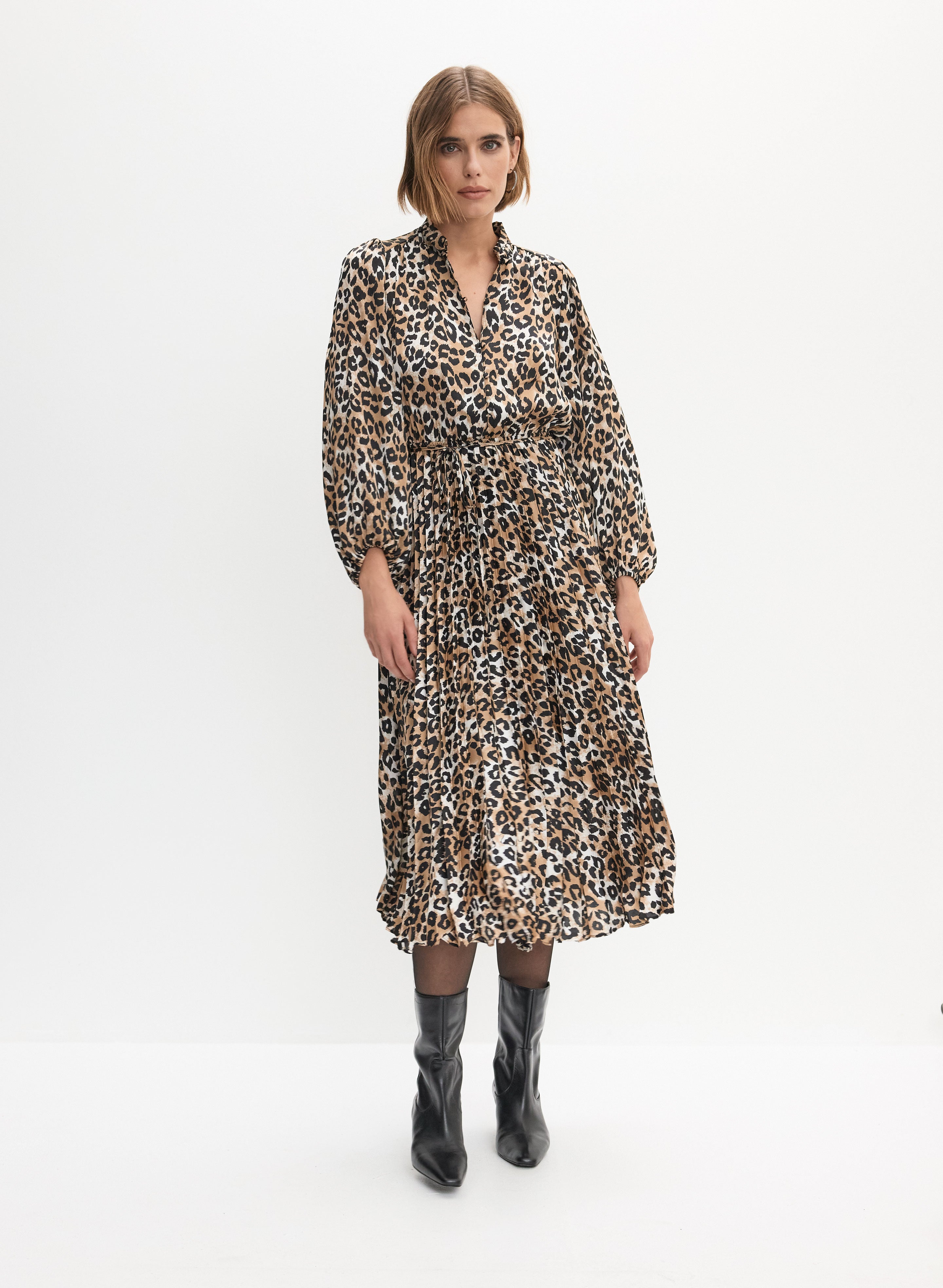 long dress animal print Pleated Leopard Print Dress