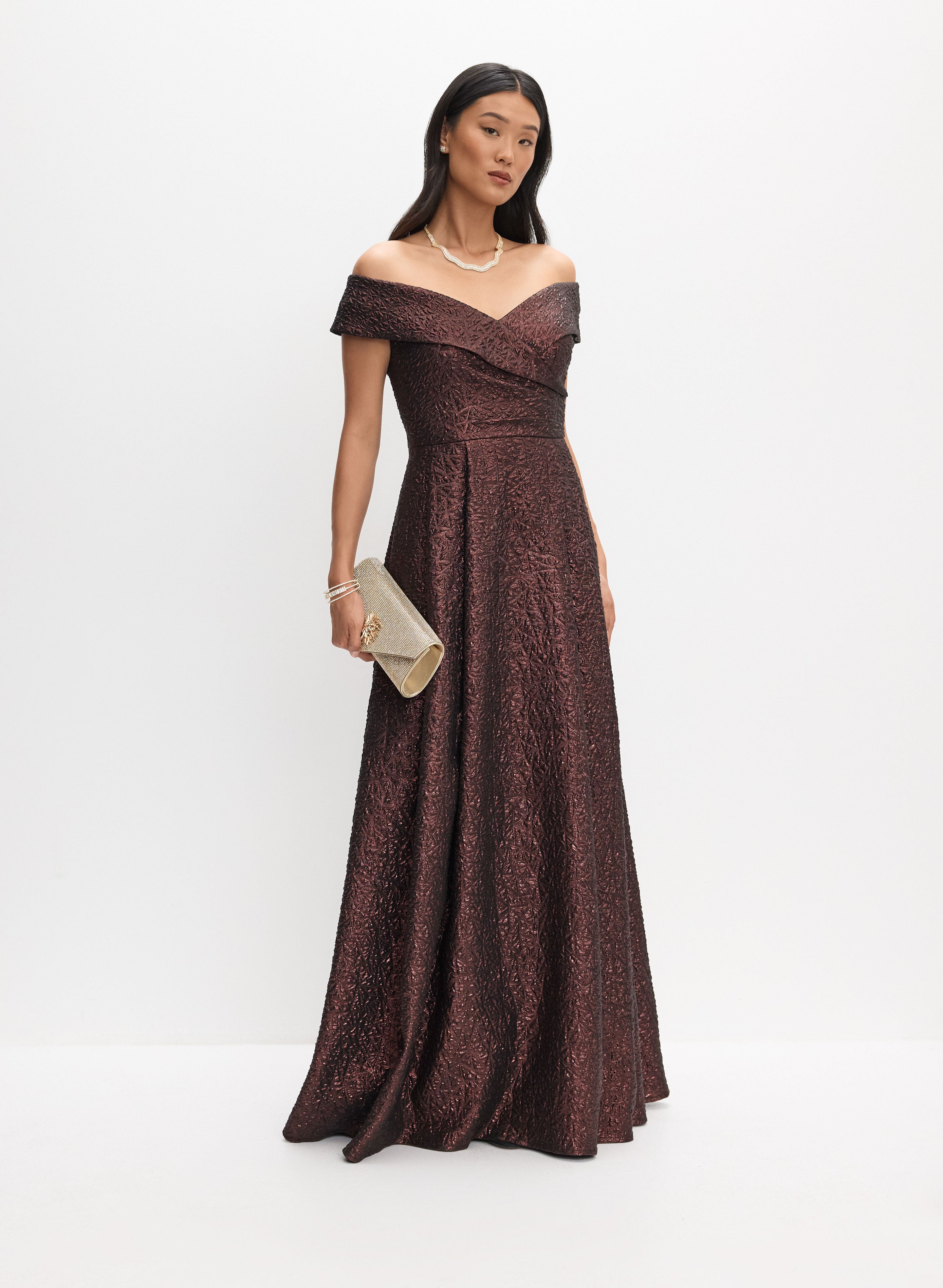 brown jacquard dress CANNES RUCHED MESH MAXI DRESS – AKIRA main image 1