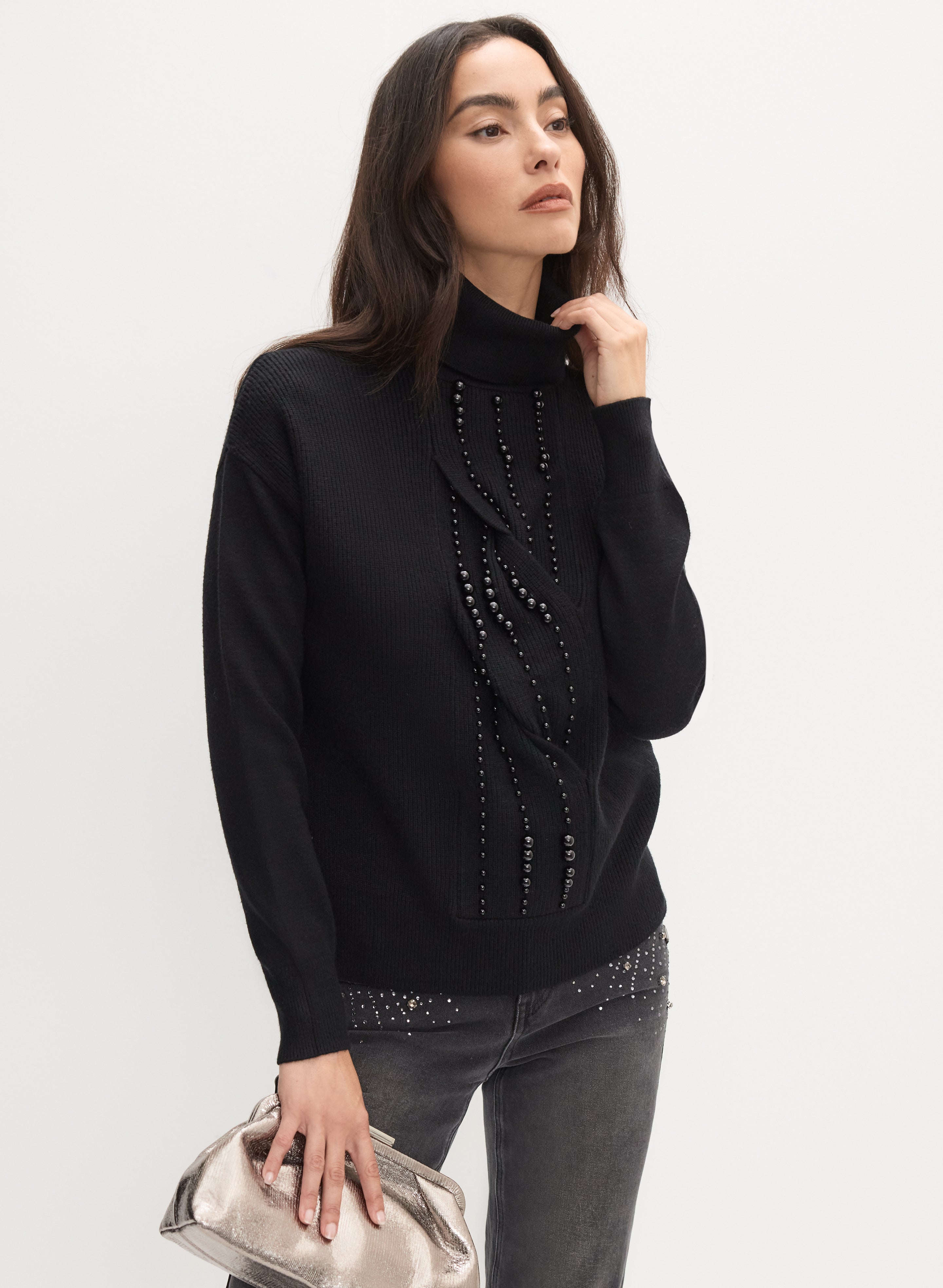 Beaded Twist Front Turtleneck Sweater
