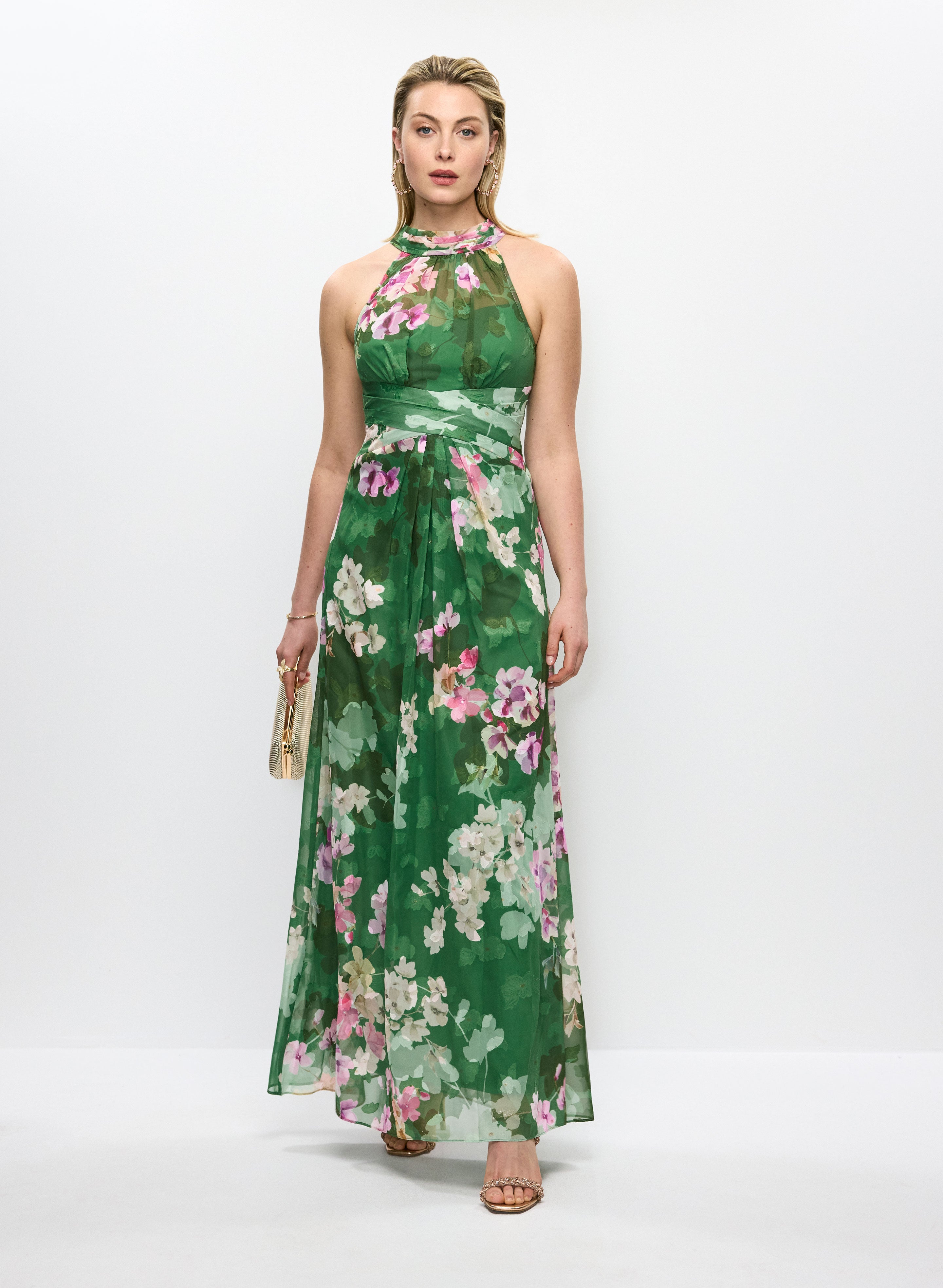 Adriana Papell Women s Polyester Metallic Fibers Floral Halter Neck Dress in Green Pattern Size 12